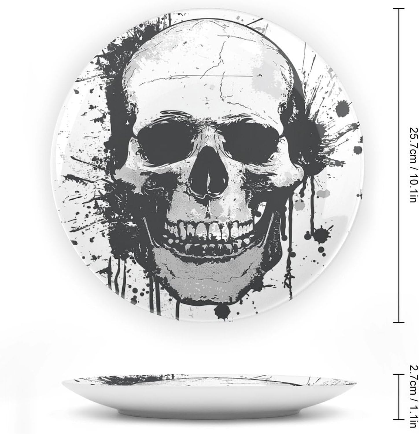 Simple Skull Graphic Ceramic Plate 10inch Decorative Bone China Wall Hanging Ornament Plates Bohemian Style Dinner Plate with Display Stand Cabinet Display Plates for Home Art Decor