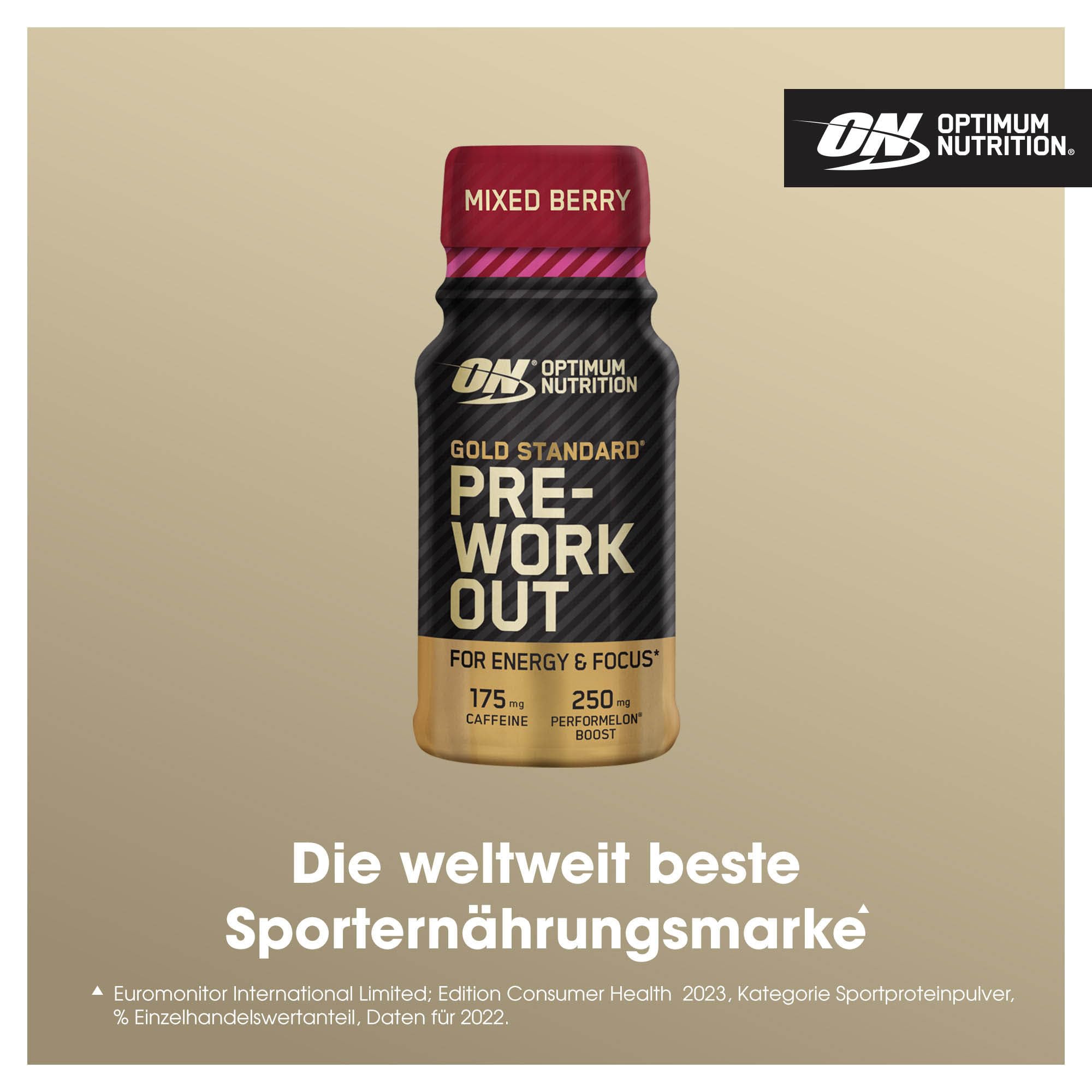 Optimum Nutrition Gold Standard Pre-Workout Energy Shot, trinkfertig mit Beta Alanin, Koffein, PerforMelon Boost und Vitamin B6 und B12, Beeren-Mix-Geschmack, 12er-Pack, 12 x 60 ml
