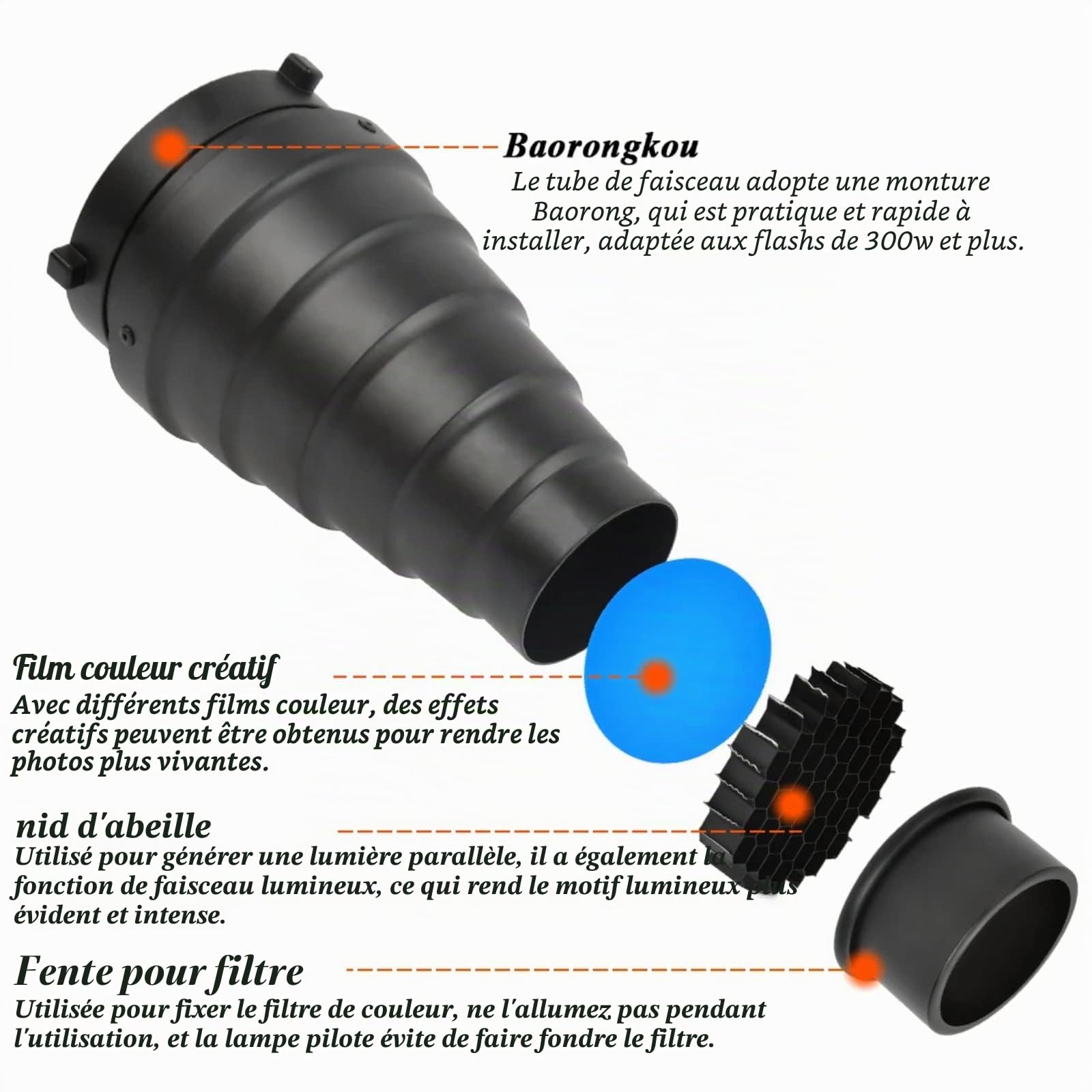 Kit Snoot Conique, Snoot Bowens Mount avec Tube de Faisceau Lumineux de Grille en Nid d'abeille Snoot et 5 Pièces Filtres de Gel de Couleur pour Photographie Flash Stroboscopique de Studio