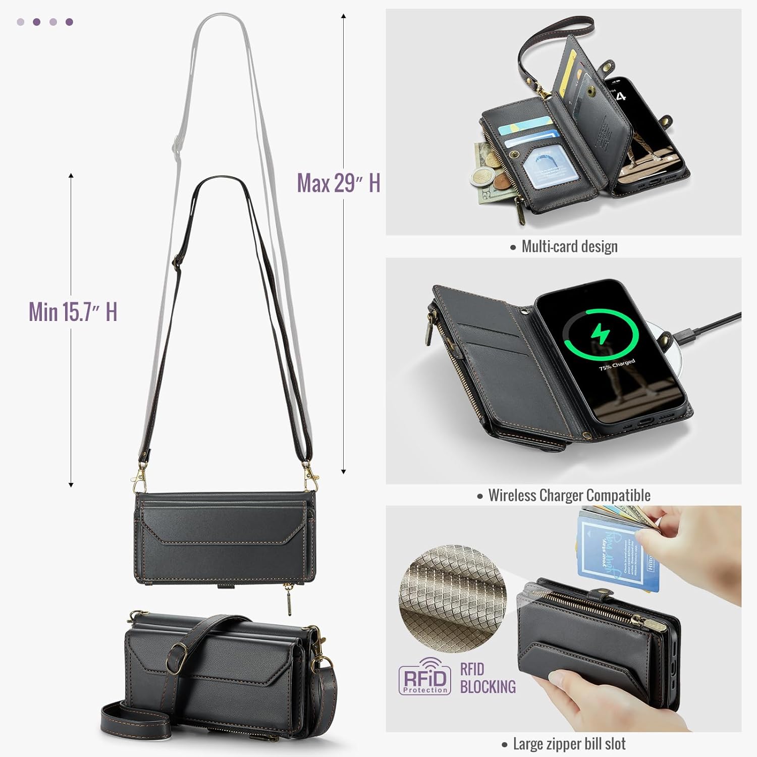 Asuwish Phone Case for iPhone 17 6.3 inch Zipper Wallet Cover with Tempered Glass Screen Protector and Flip RFID Blocking Cash Card Holder Stand Cell Accessories i Phone17 i17 17Case Women Girls Black