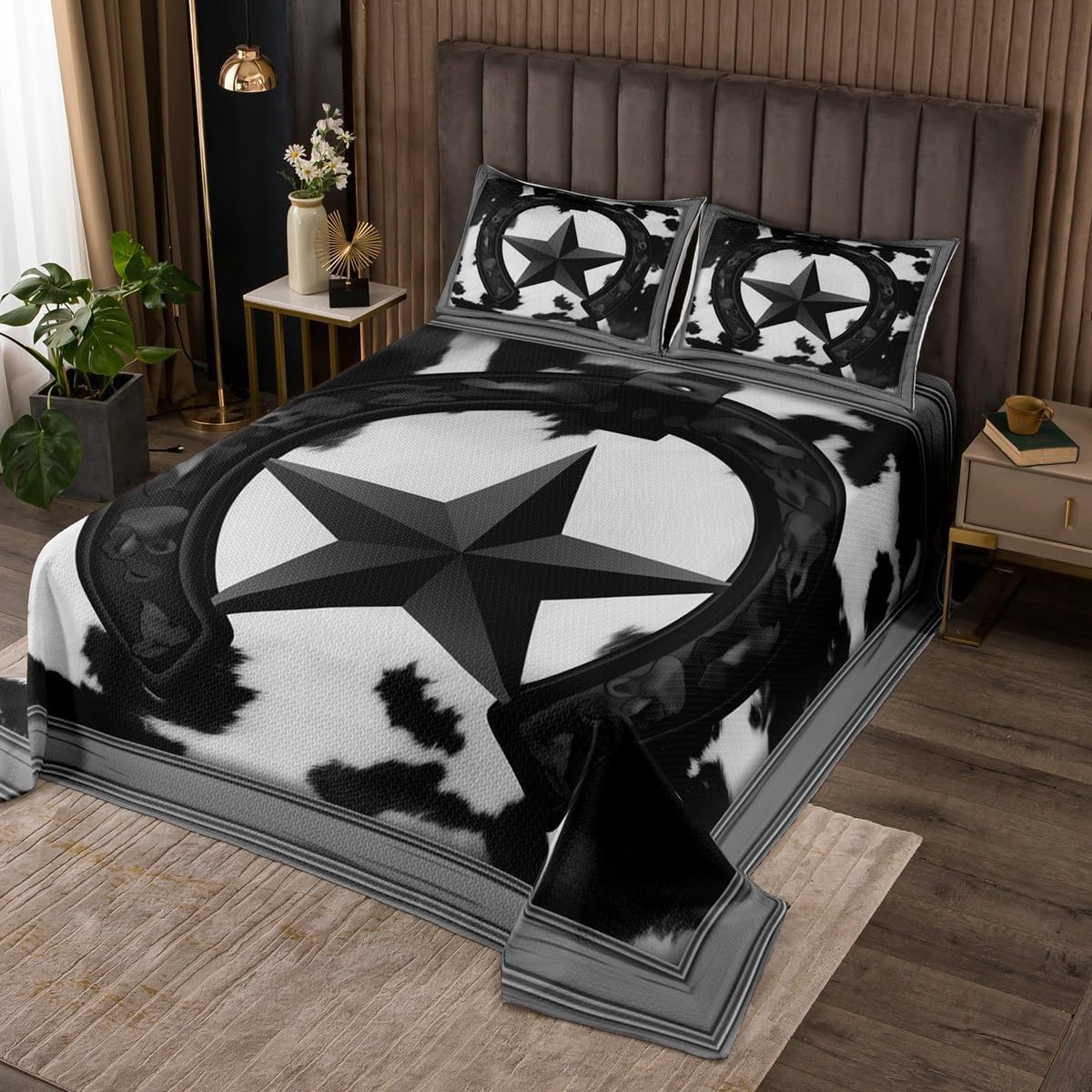 Erosebridal Black Western Texas Star Bedspread American Horseshoe Cowhide Quilted,Bull Cattle Longhorn Cow Print Coverlet Set Grunge Brown Rustic Wooden Quilt Set King,Farm Animals Farmhouse Decor