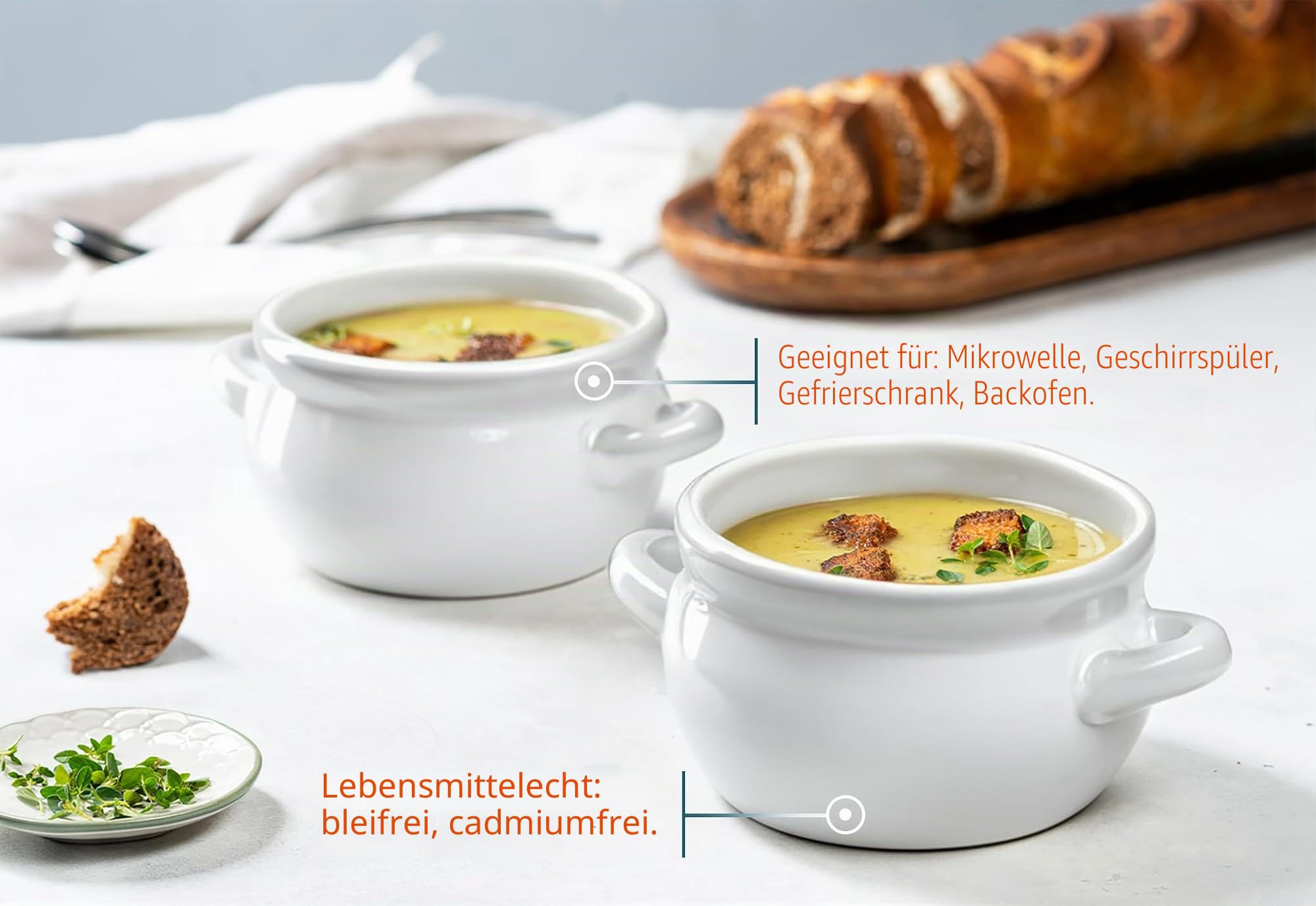 KooK Französische Zwiebelsuppentöpfe mit Griffen, Keramik, spülmaschinen-, mikrowellen-, ofen- und bratfest, Weiß, 4 Stück, 530 ml