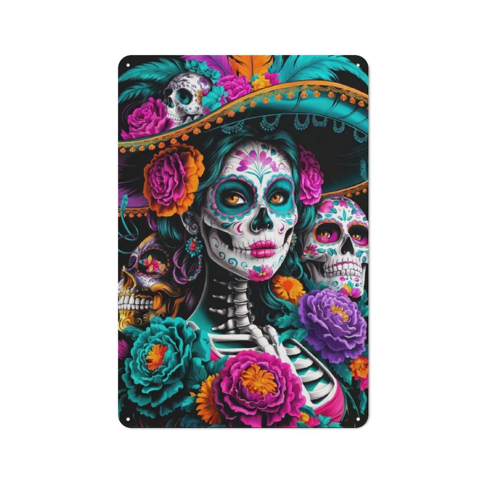 Junmoney Sugar Skull Woman For Hobby Room Or Studio, Retro-Style Tin Sign 30X20cm, For Room Styling Across Hobby Rooms And Studios