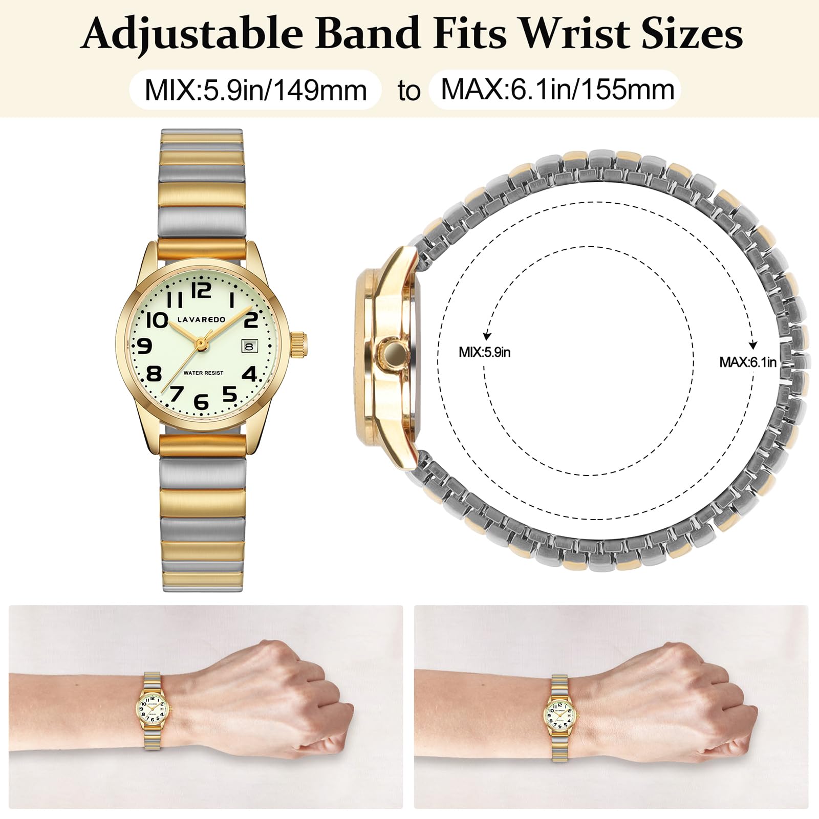 Timever Montre à Quartz analogique pour Femme avec Bracelet Extensible en Acier Inoxydable,Date,Étanche 3 ATM,Gros Chiffres,Idée de Cadeau pour Dames et Amie