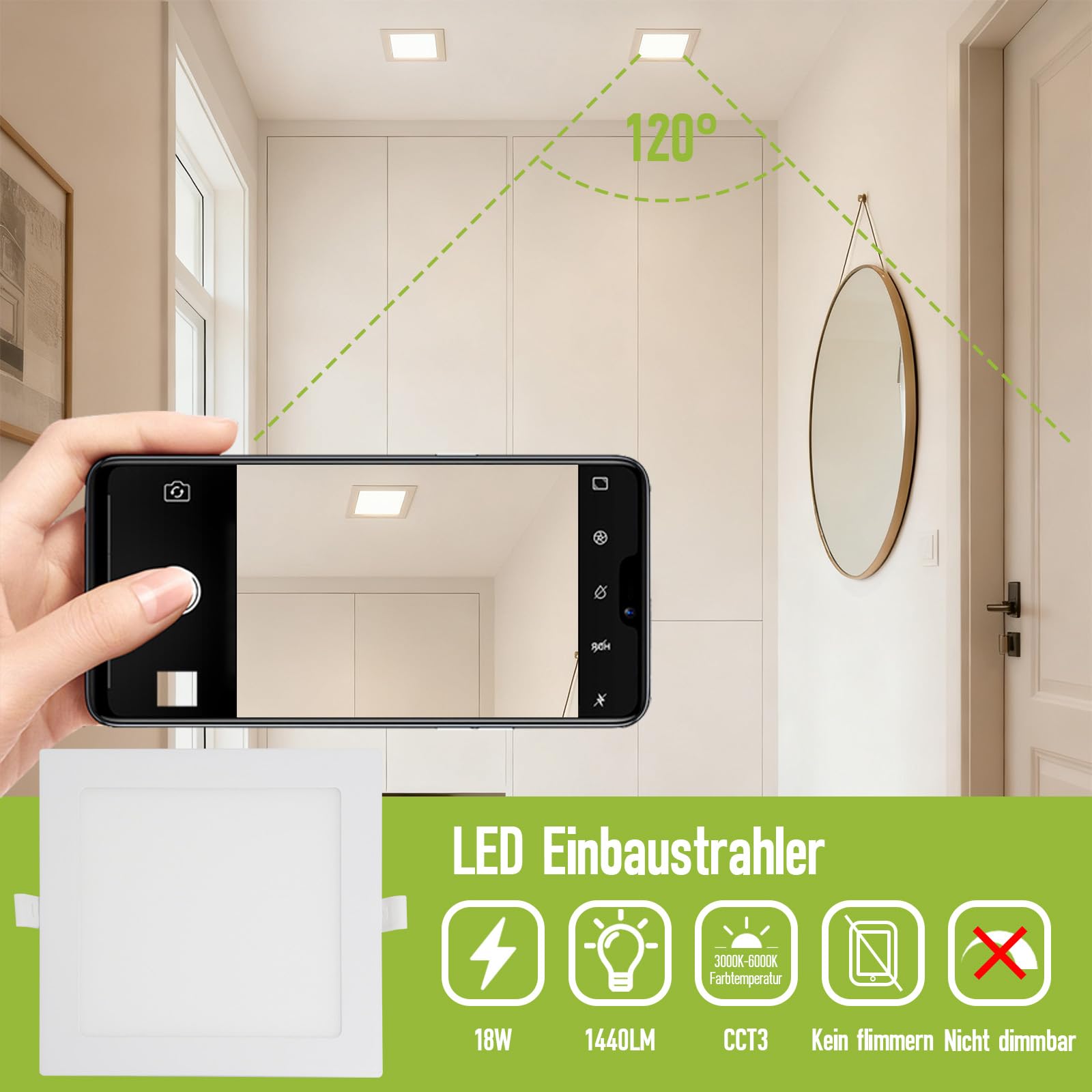 18W LED Einbaustrahler 230V 225mm, 1440LM Spots Deckenleuchte Nicht Dimmbar 3000K-6000K Warmweiß Neutralweiß Kaltweiß Flach Deckenspots Einbauleuchten Lochmass 205mm Aluminium