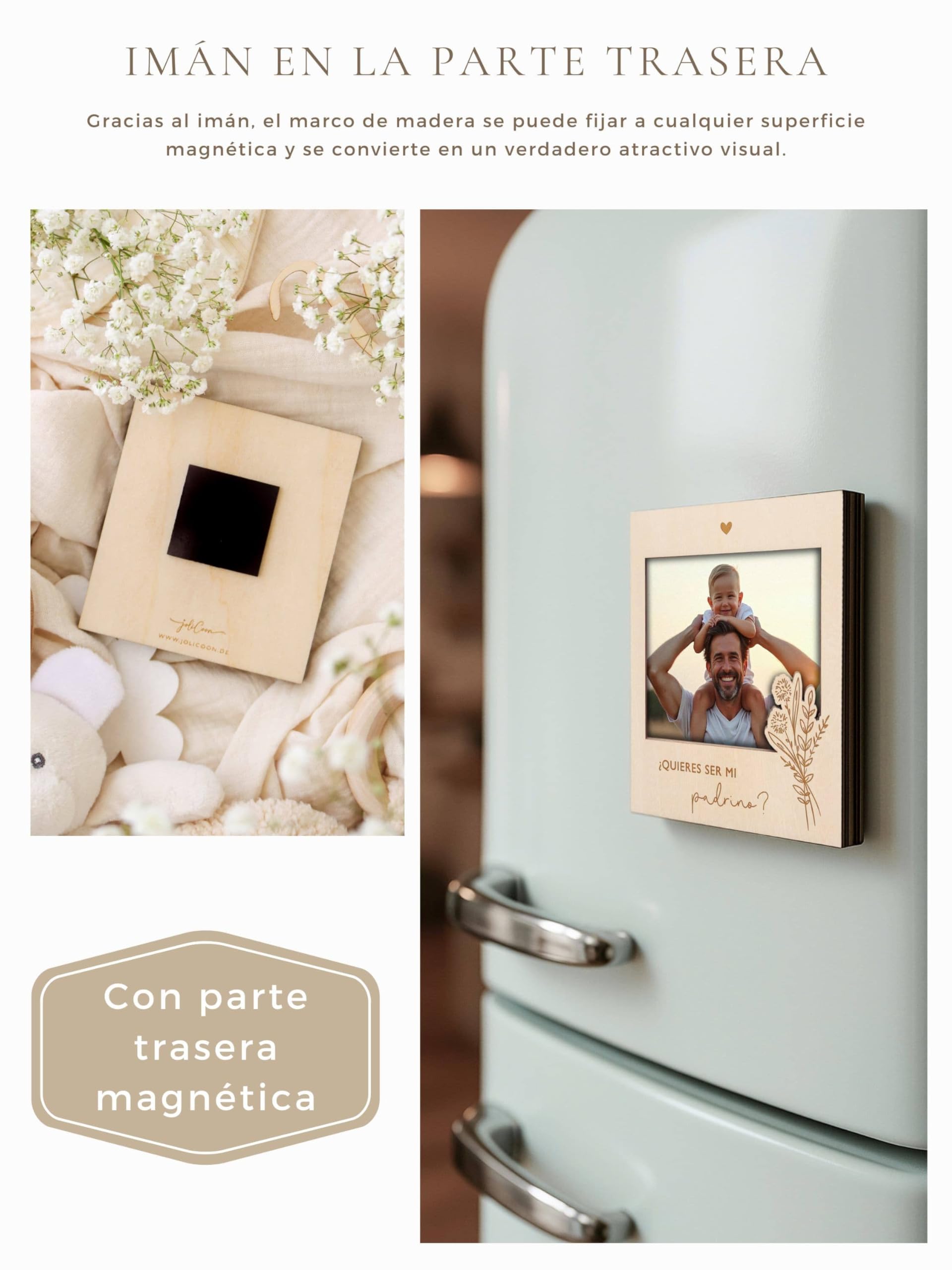 Joli Coon Marco de madera para preguntar a la madrina y al padrino - Quieres ser mi madrina - Quieres ser mi padrino - Marco de madera magnético para foto juntos