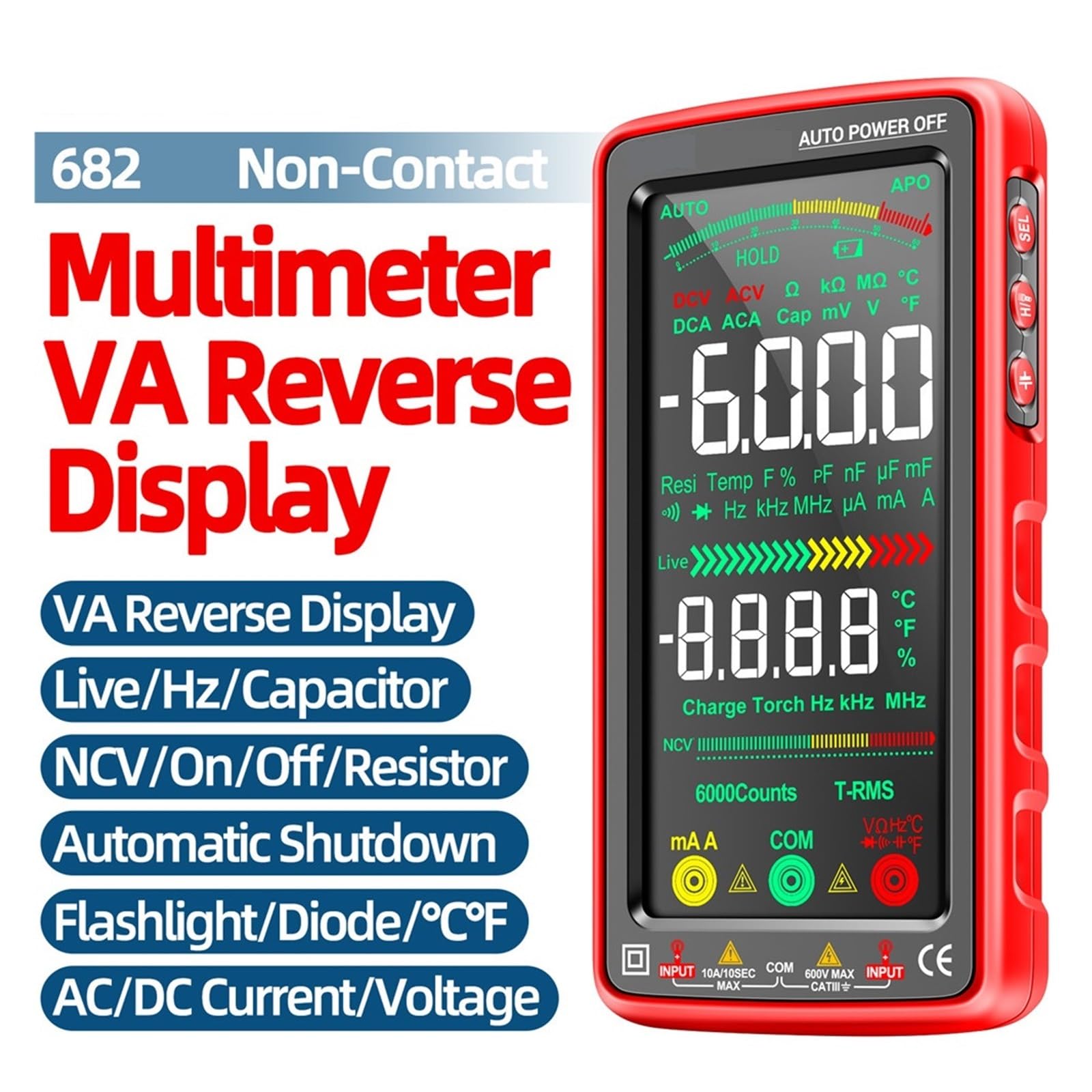 Multimetro Professionale Digitale Ricaricabile Tester Di Tensione NCV Misuratore Di Tensione AC/DC Tester Di Corrente Touch Screen(682 Red)