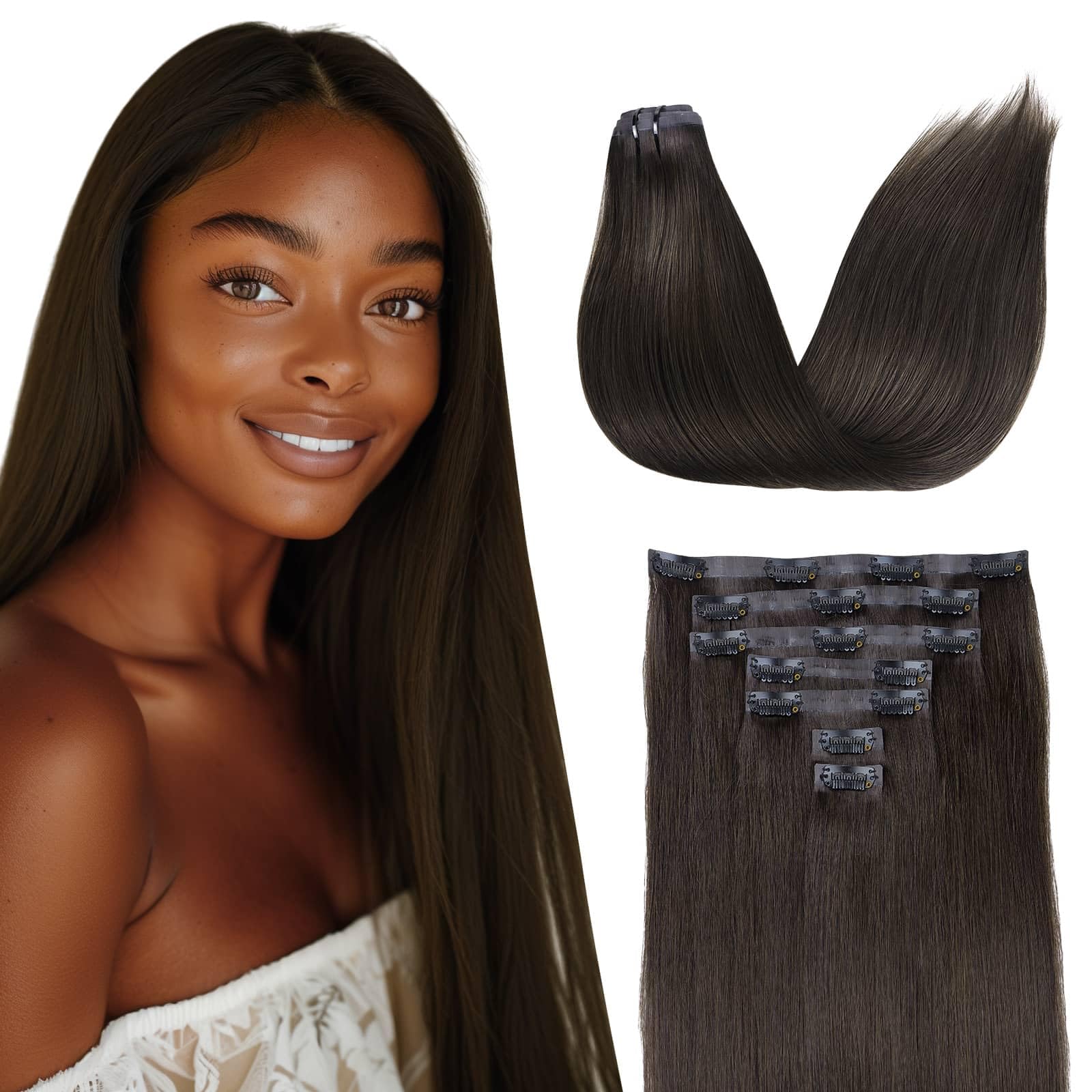 Seamless PU Weft Clip In Hair Extensions 14\