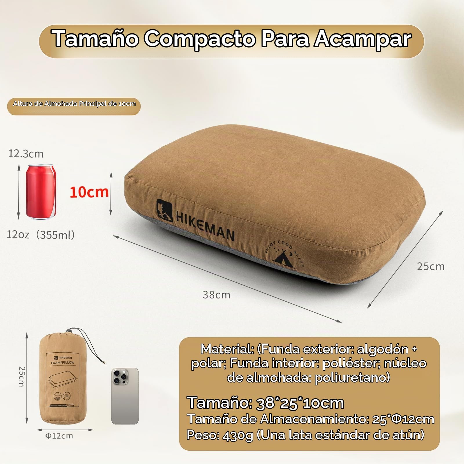 HIKEMAN Almohada de espuma viscoelástica para camping, almohada de viaje ultraligera, almohada de apoyo para el cuello, almohadas suaves y ergonómicas para dormir, para camping, coche, playa, oficina
