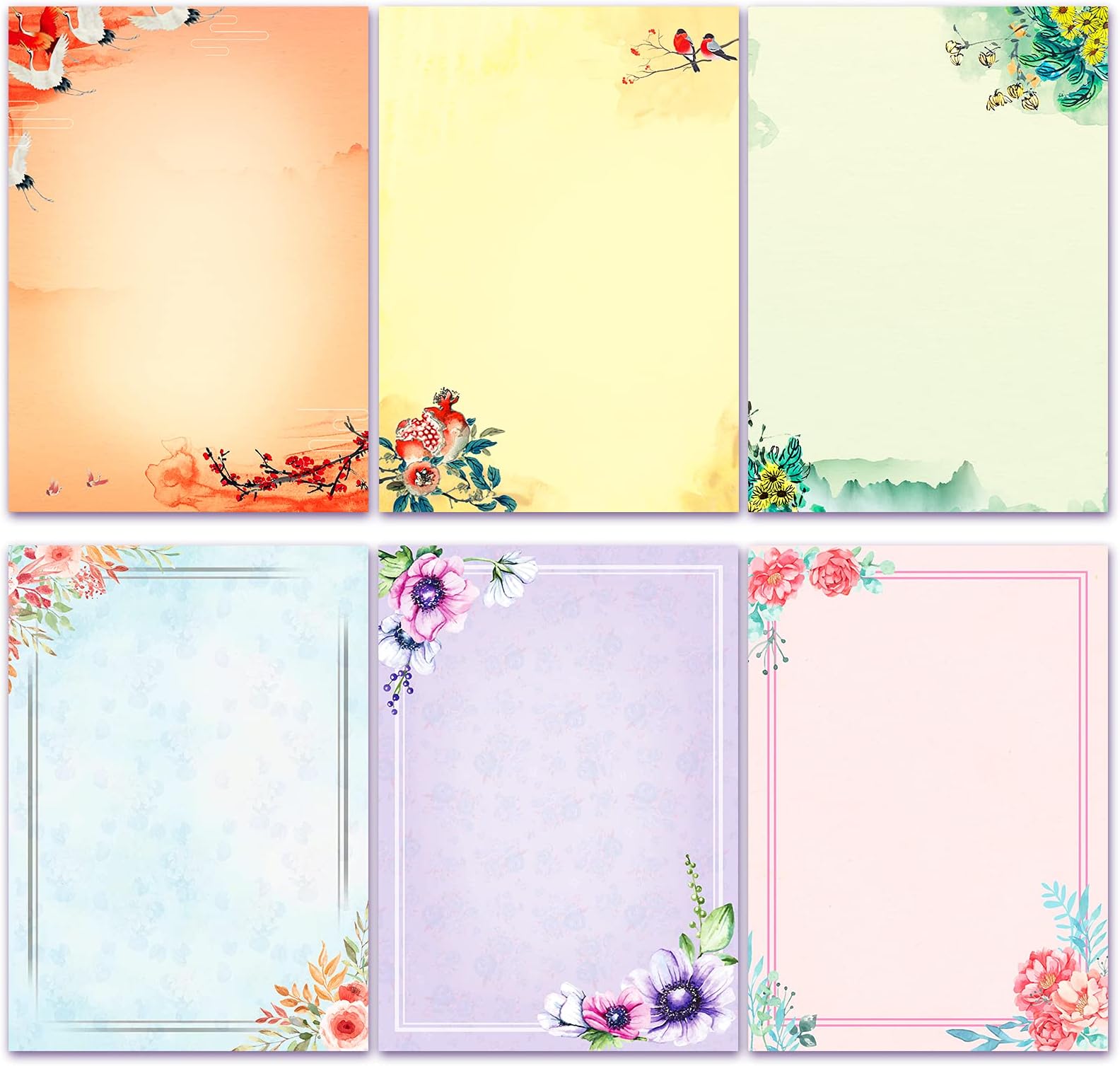 ANZON MORIES A4 Vintage Floral Stationery Paper, 48 Pack Letter Writing Paper, Printer Friendly, Color Both Sides, Ink Painting Classic Design