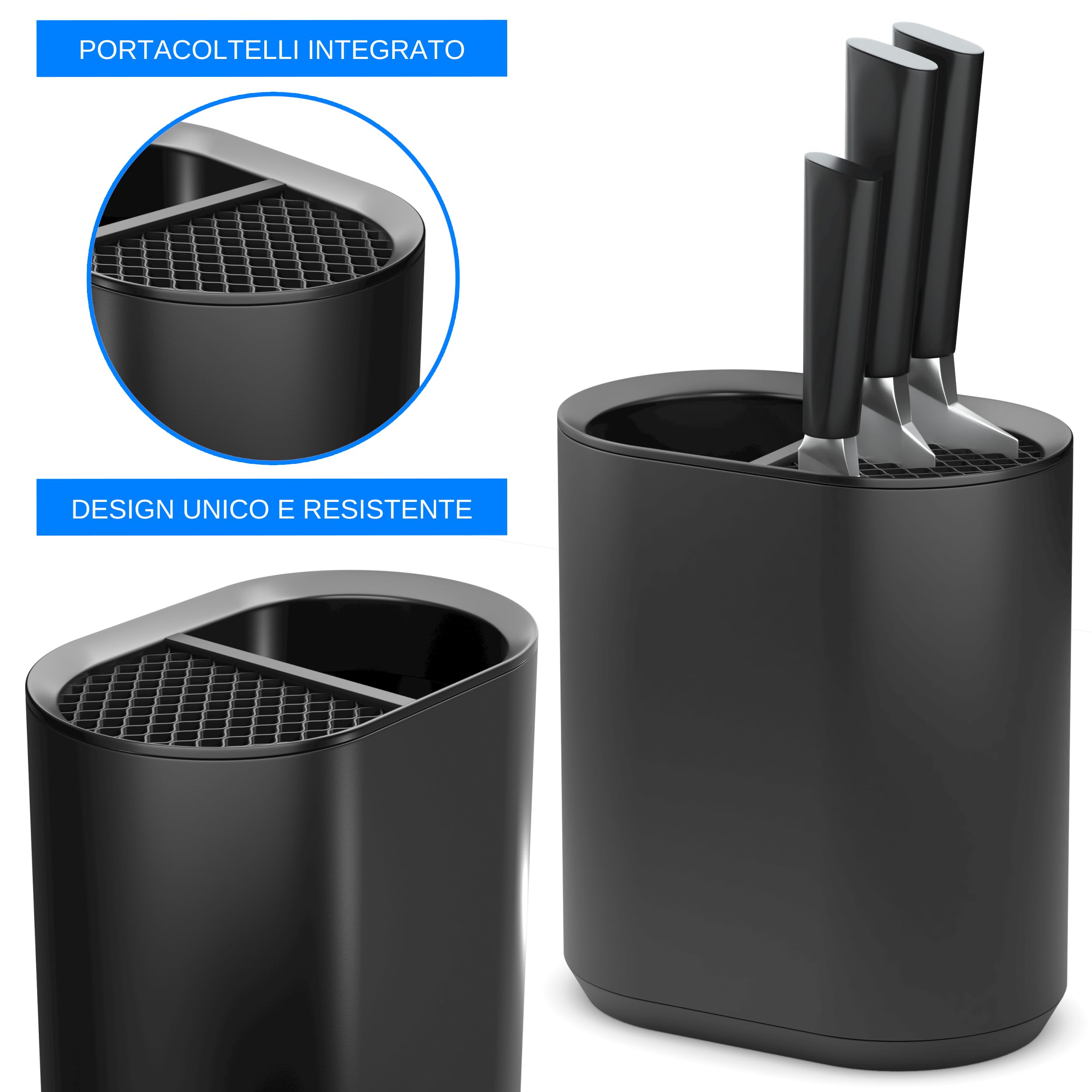 Porta Mestoli e Ceppo Coltelli da Cucina, Porta Utensili Moderno in Plastica Nero Opaco, Organizzatore per Coltelli e Mestoli, Design Compatto e Elegante