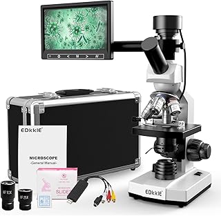 Microscope for Adults with 40X-2500X Magnification, Dual-View Compound Monocular Microscopes with 7'' LCD Screen, Wide-Field 10X 25X Eyepiece, Built in 5MP Camera Software Compatible Windows and Mac