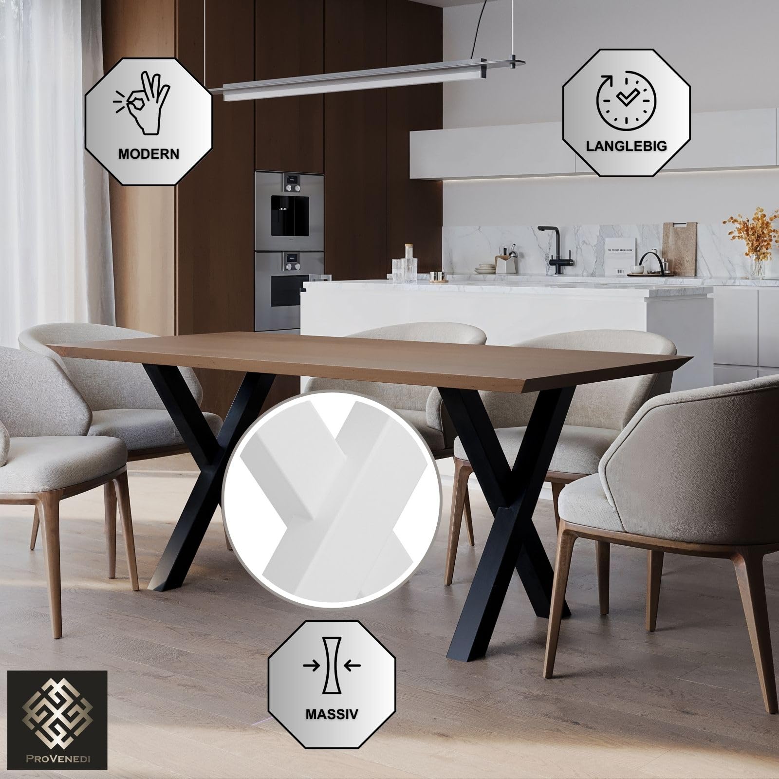Tischbeine Metall weiß - 2 Stück X Form, rostfrei & modern - Tischgestell Maße L59 x B7 x H72 cm mit Bodenschoner für Schreibtisch Esstisch, Konferenztisch