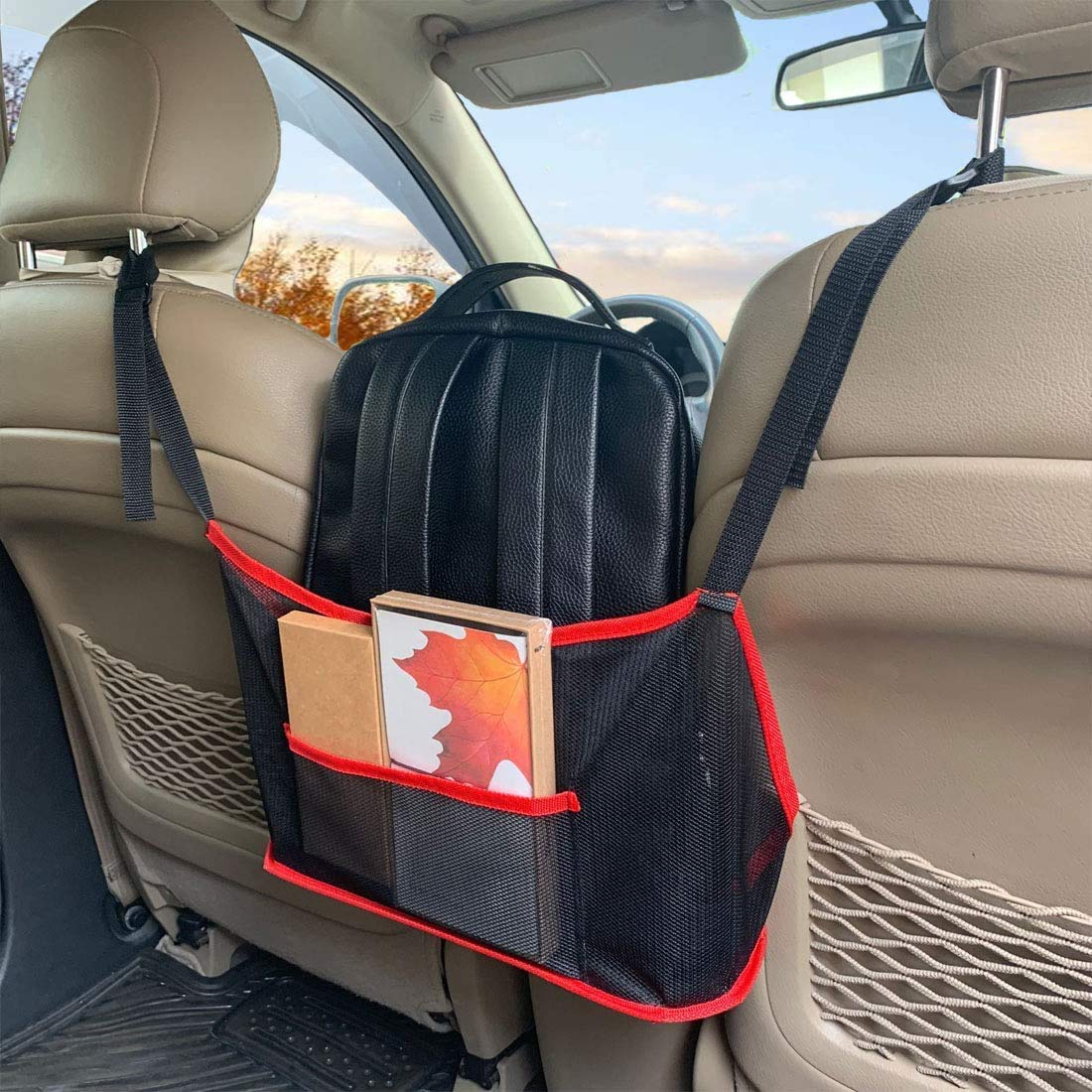 LUYAO Car Mesh Handbag Organizer Between Seats for Purse Storage Phone Documents Pocket Wallet, Car Driver Storage Netting Pouch with Bag (Red)