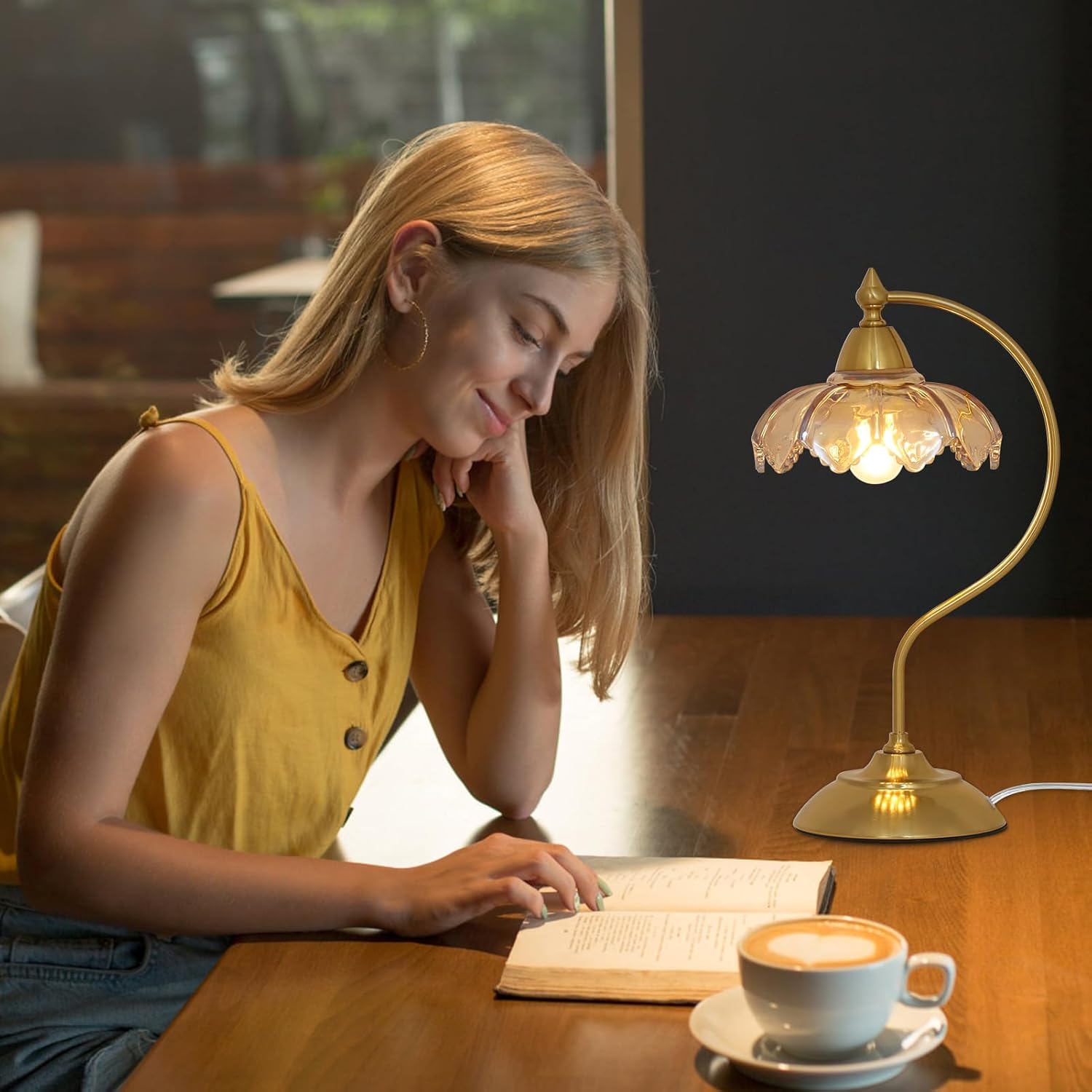 Table Lamps for Living Room, Flower Desk Lamp, Glass Beside Lamp for Nightstand, Gooseneck Small Table Lamp, Mid Century Modern Desk Light, Table Light for Bedroom Home Office Reading (Amber)