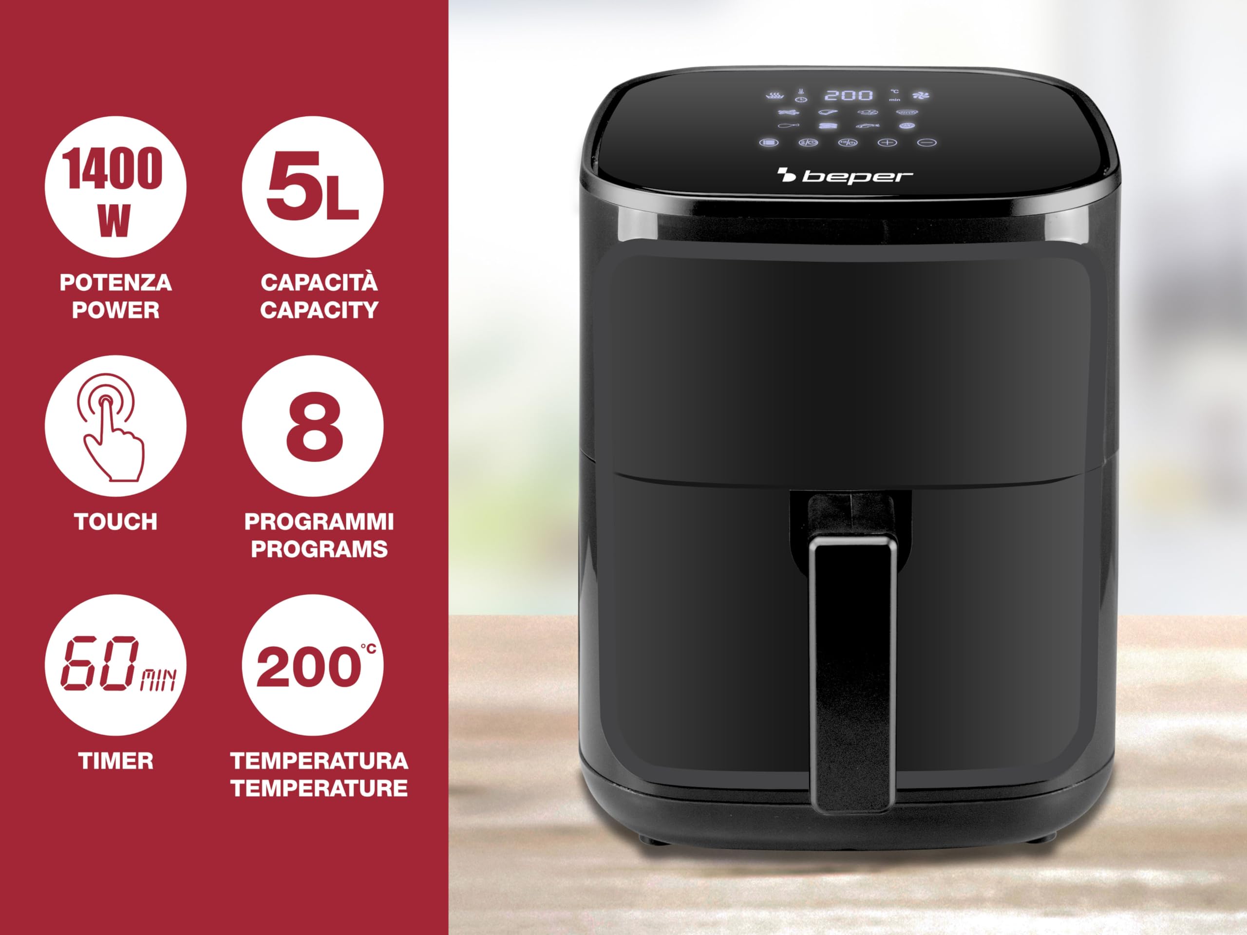BEPER P101FRI051 Friggitrice ad aria calda, Friggi senza Olio 5 L, Display Touch, 8 Programmi, Regolabile fino 200°C, Timer 60 minuti, Spegnimento automatico, Nero