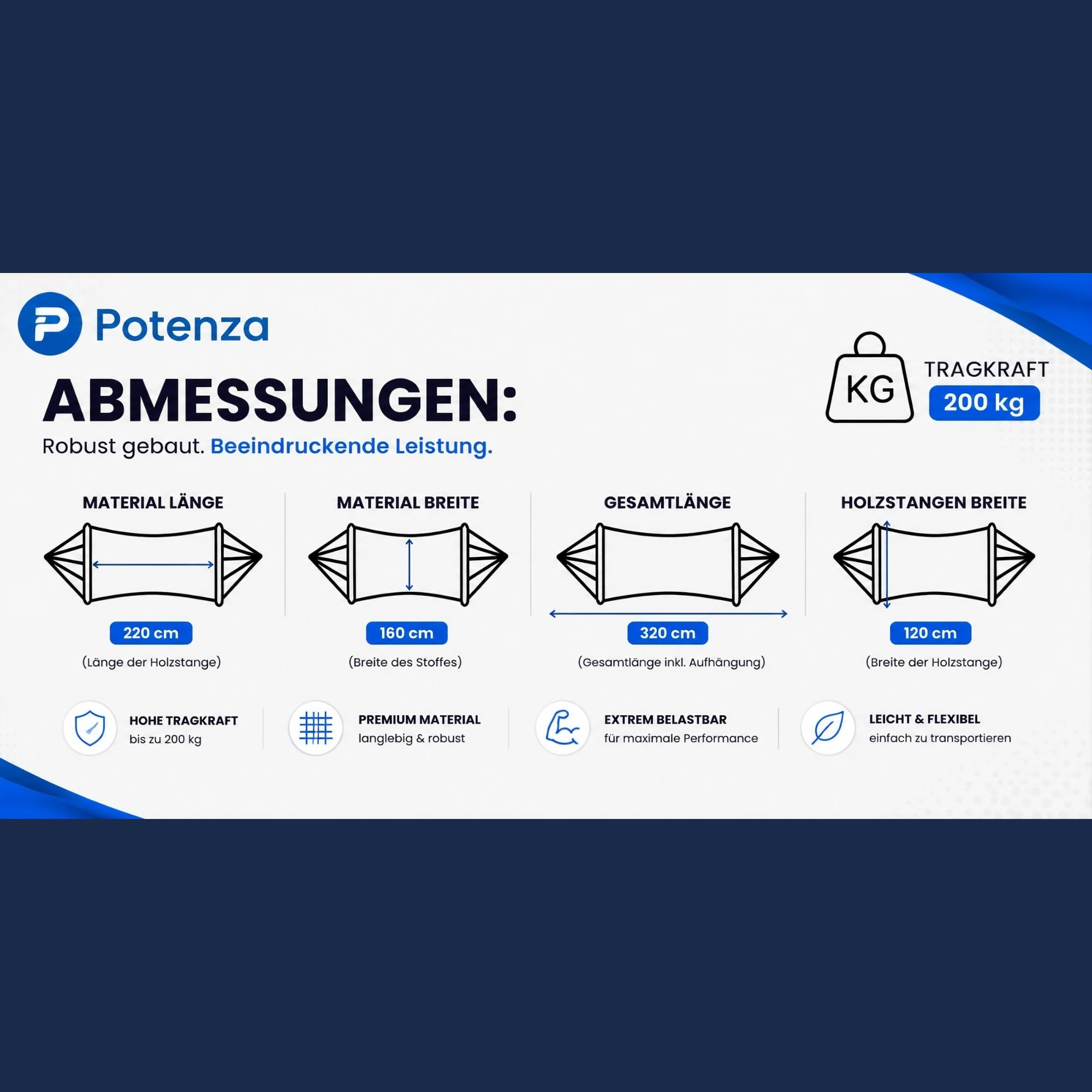 Potenza Hängematte Baumwolle Stabhängematte XXL 220 x 160 für 2 Personen, Belastbarkeit bis 200 kg Doppelhängematte (Grau)