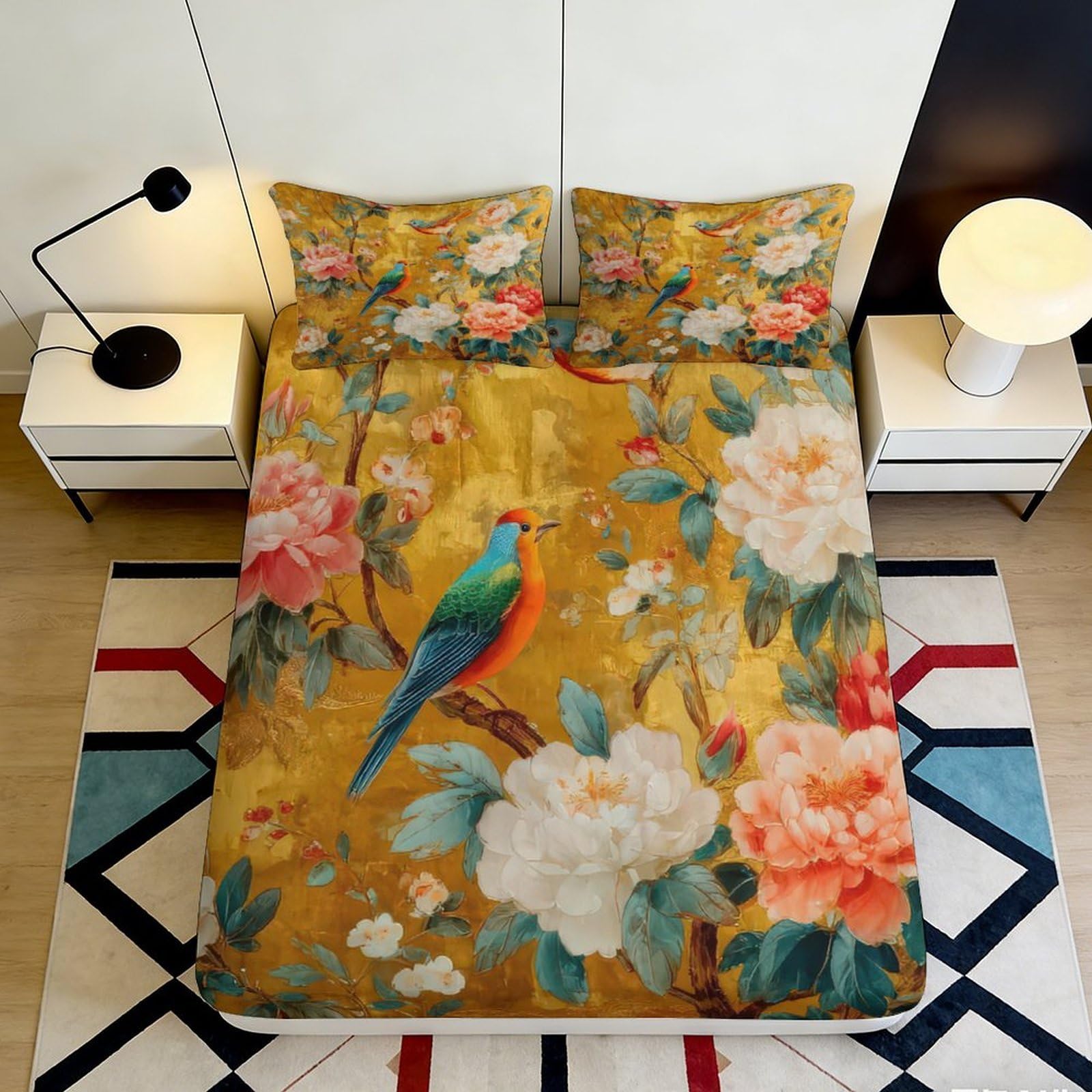3D Printed Vintage Floral Bird Fitted Sheet Microfiber Soft Breathable Oriental Bed Cover for Bedroom Guest Room Decor 90x200x25cm
