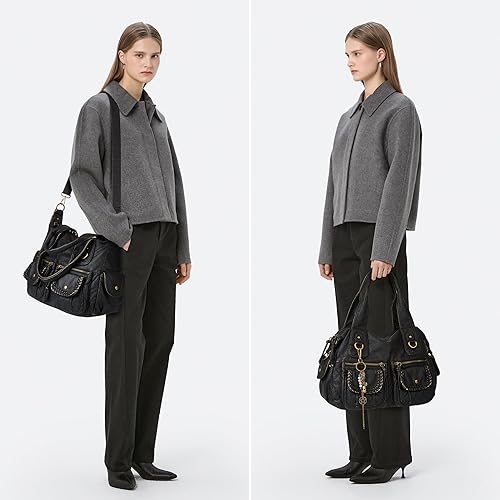 Vista 2 de Worldlyda - Bolso Hobo de lona para mujer, con múltiples bolsillos, bolso de hombro casual con asa superior con bordado étnico