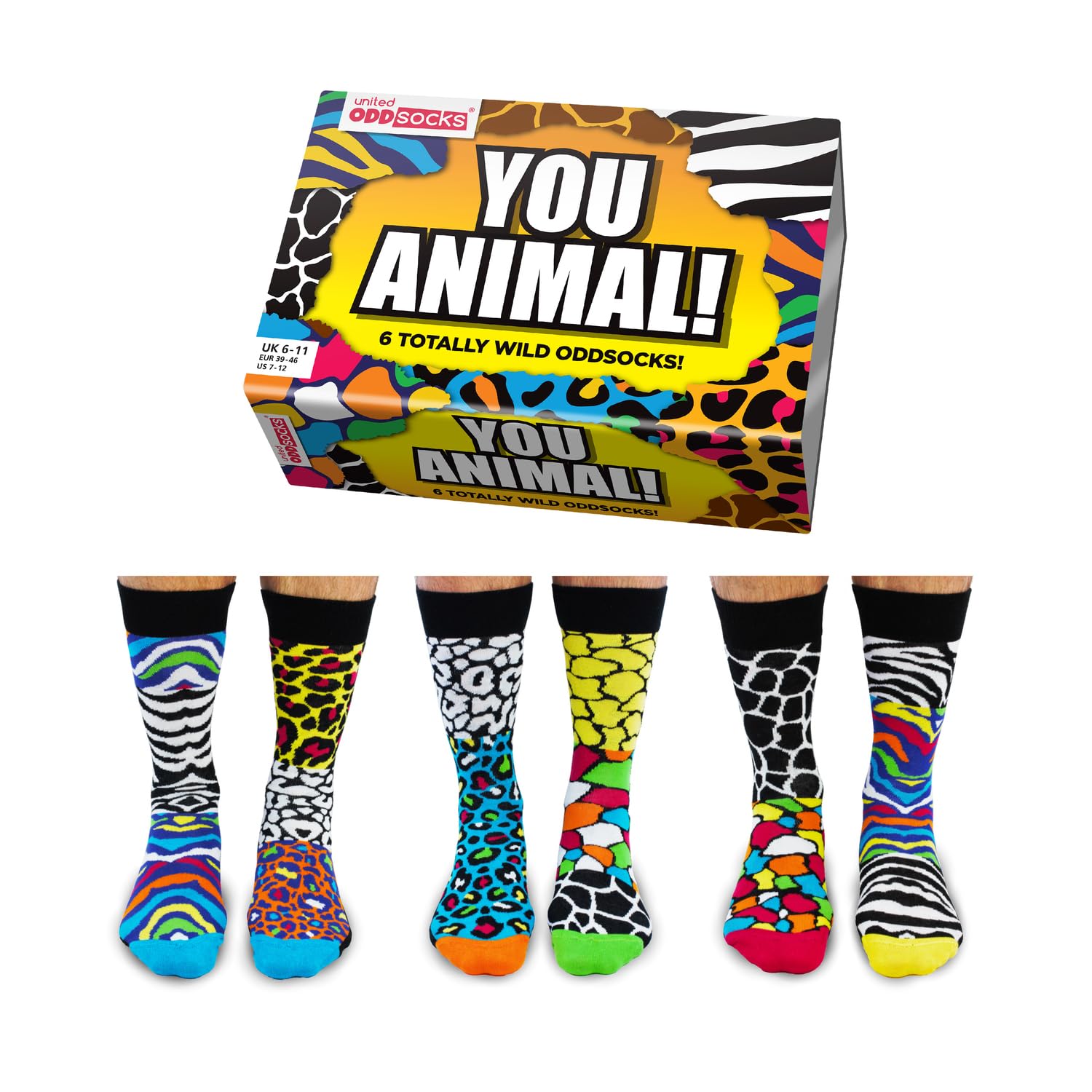 United Oddsocks You Animal - 6 Wild Mix & Match Novelty Socks for Men, Vibrant Animal Print Gift Box, Fun Present for Sock Lovers, Birthday, Christmas, Father’s Day - UK 6-11, EUR 39-46, US 7-12