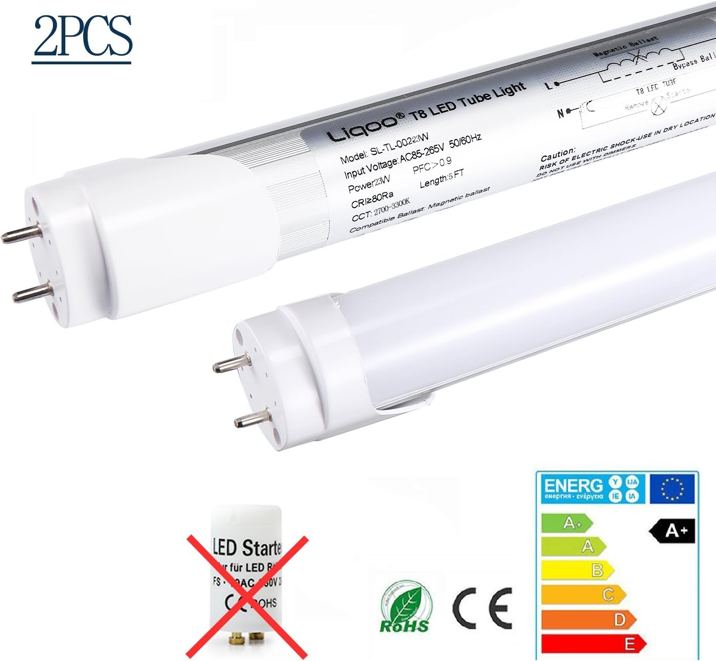 LED T8 G13 Tube, Iiqoo 2 x 23W 150cm 5ft Daylight Lamp Warm White 3000K 2050LM, Equivalent to 50W Fluorescent Bulbs with Milky White Cover, Ideal for Industry Storage Garage Offices [Energy Class A+]