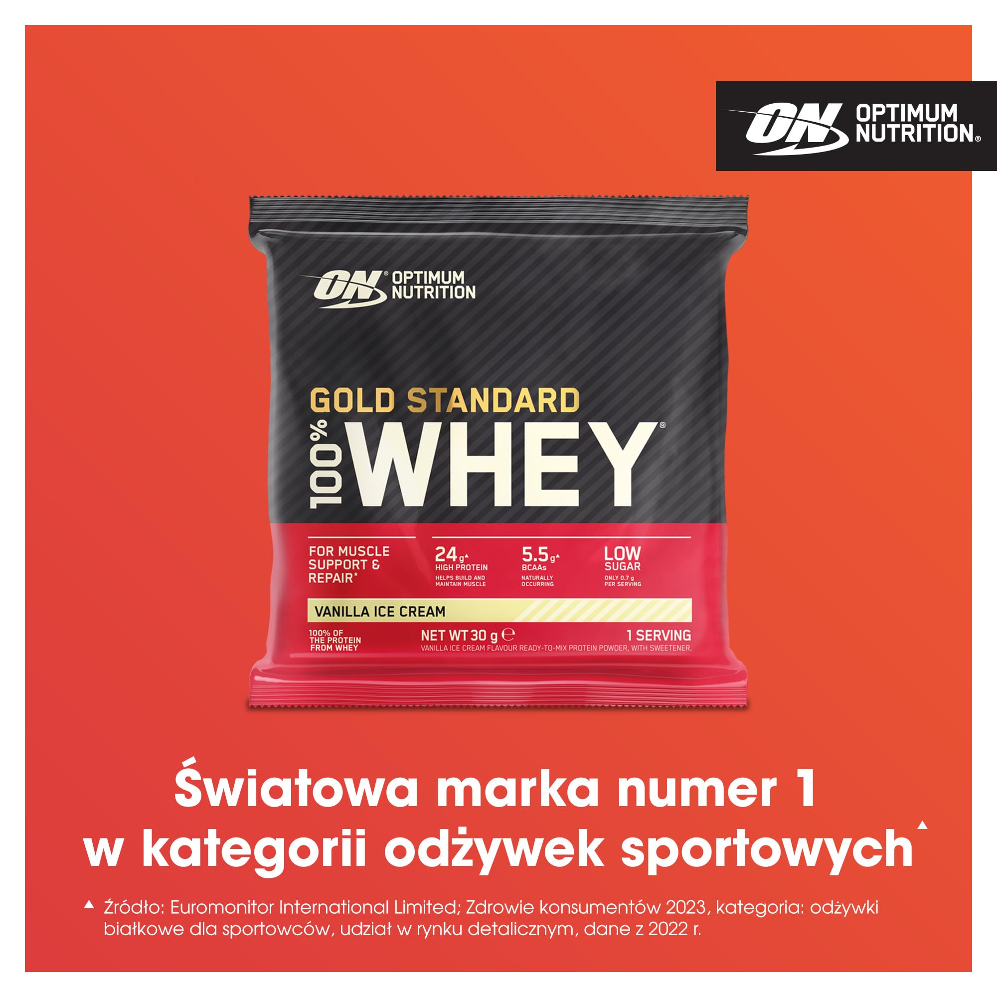 Optimum Nutrition Gold Standard Whey, Białko Serwatkowe z Naturalną Glutaminą i Aminokwasami, Lody Waniliowe, 24 Saszetki, 24 x 30 g
