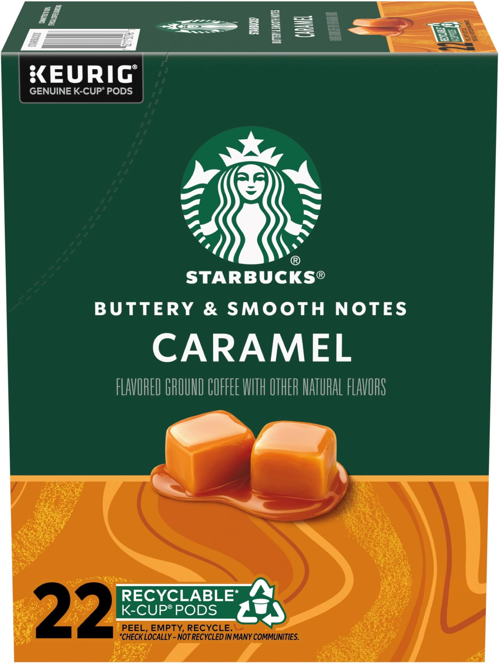 Starbucks K-Cup Coffee Pods, Caramel Natural Flavoured Coffee for Keurig Coffee Machines, 100% Arabica, 1 Box (22 Capsules)