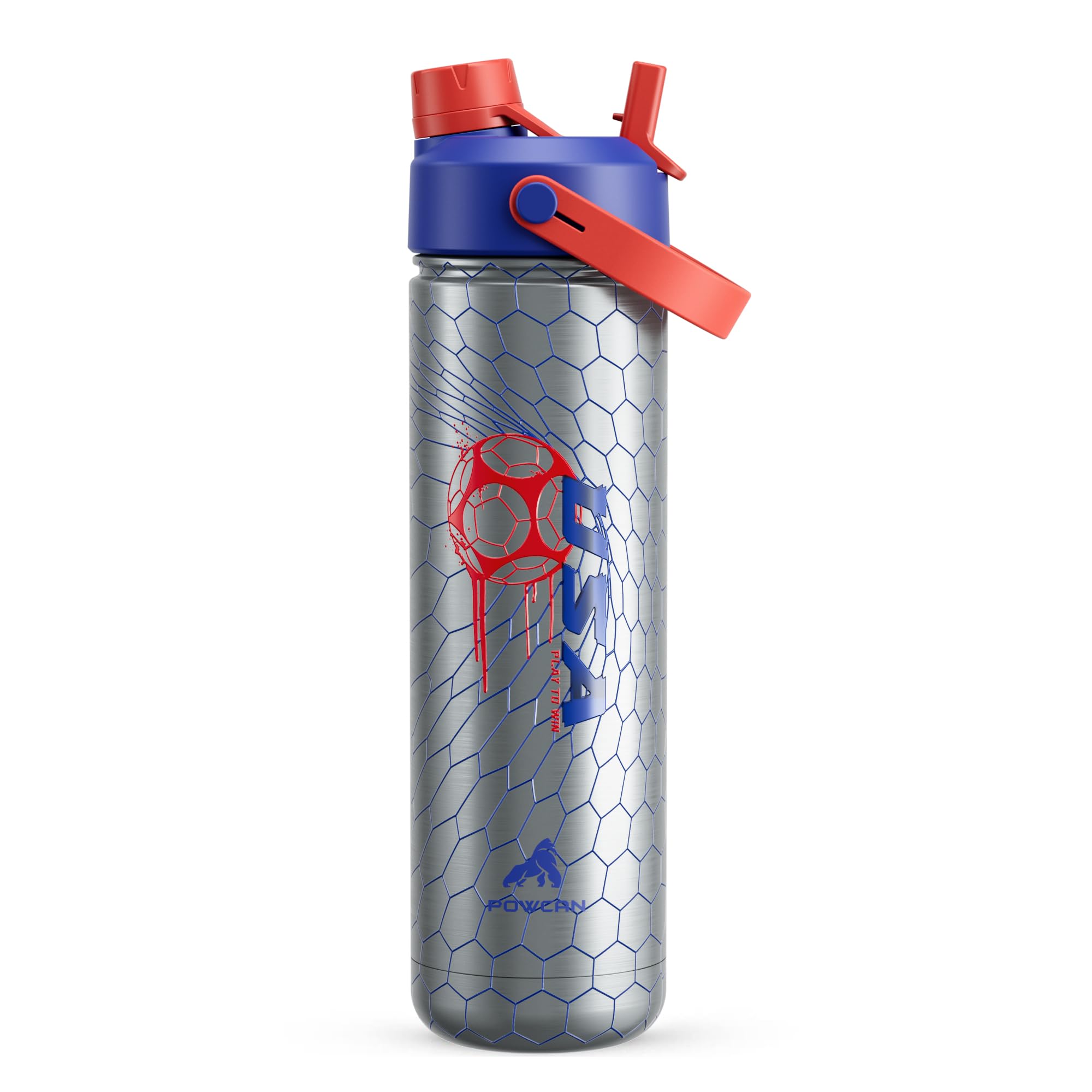 POWCAN 26 oz Insulated Water Bottle with 2-in-1 Straw and Spout Lid, Keep Cold 24H, Leak-Proof, Fits in Car Cup Holder, Stainless Steel Water Bottle for Soccer Lovers, and Sports Fans (NetBreaker USA)