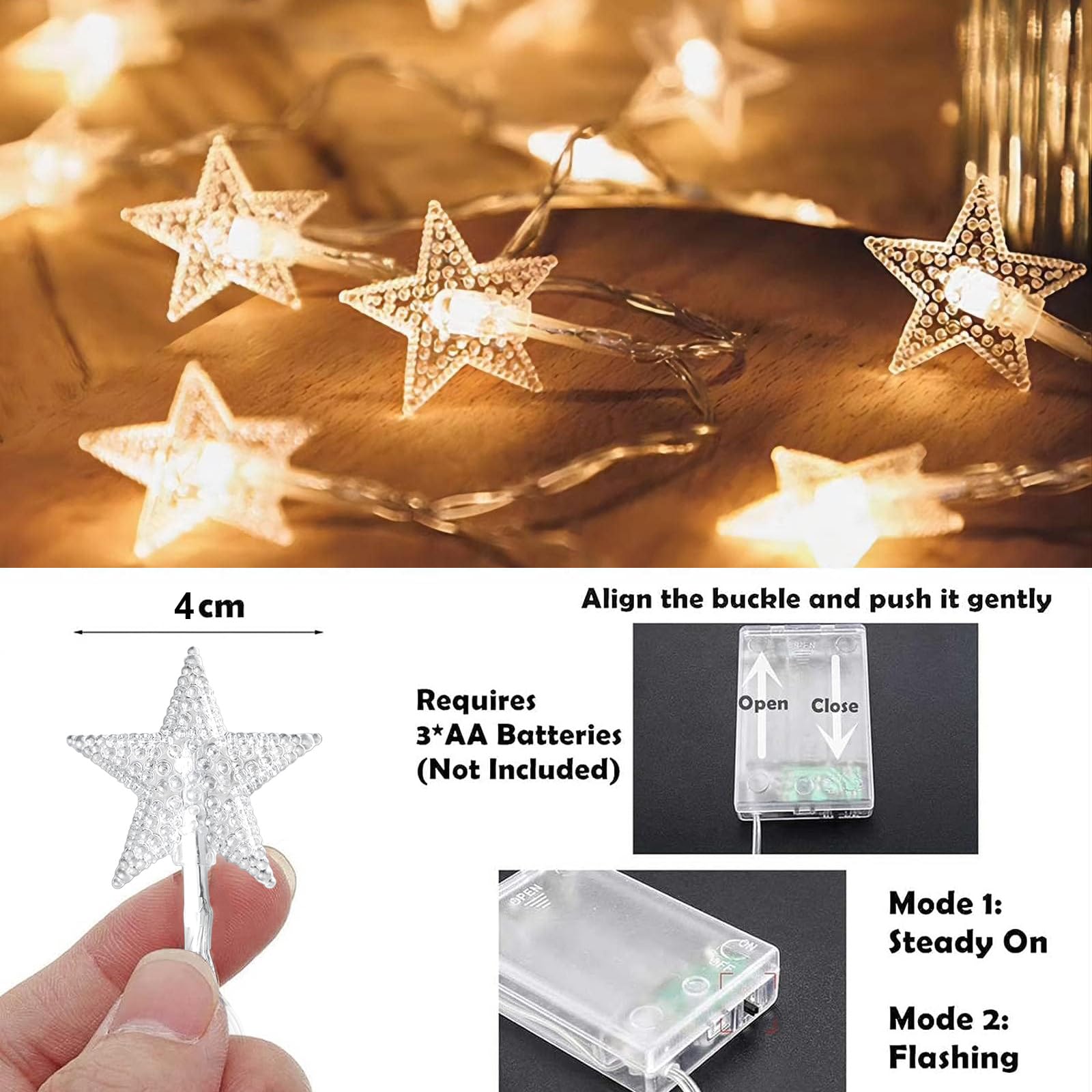 Catena Luminosa A Stelle Di Natale HHMTAKA – 40 Micro LED Bianco Caldo Su Filo Argentato, 4 M, A Batteria, Per Decorazioni Interne Ed Esterne