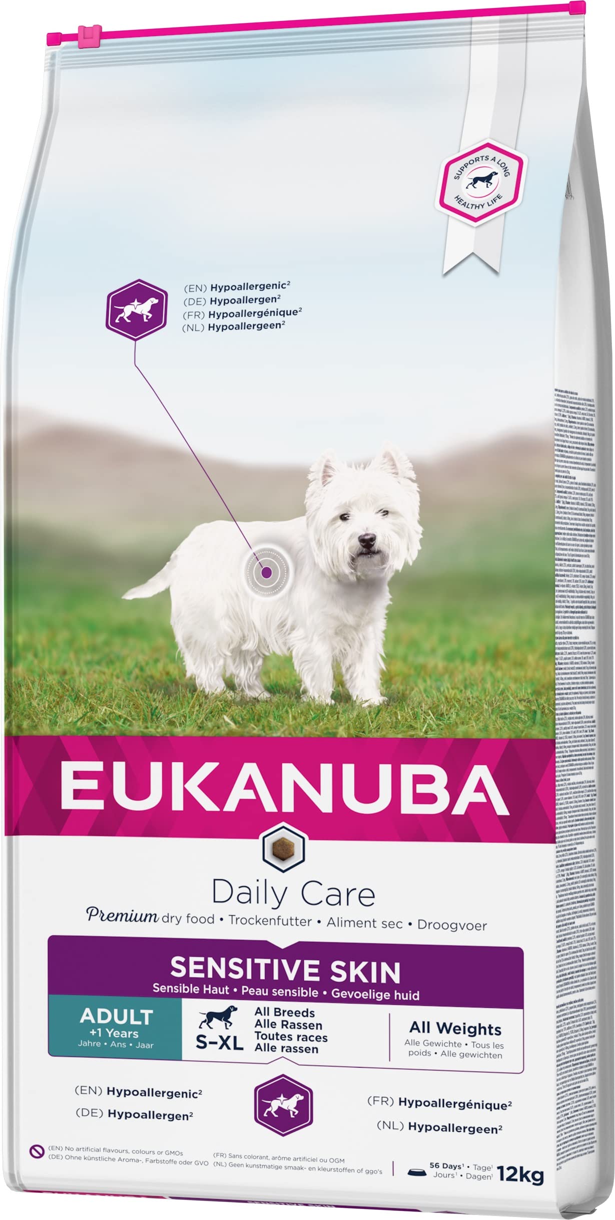 EUKANUBA Daily Care Alimento seco para perros adultos con piel sensible, alimento hipoalergénico con pescado, 12 kg