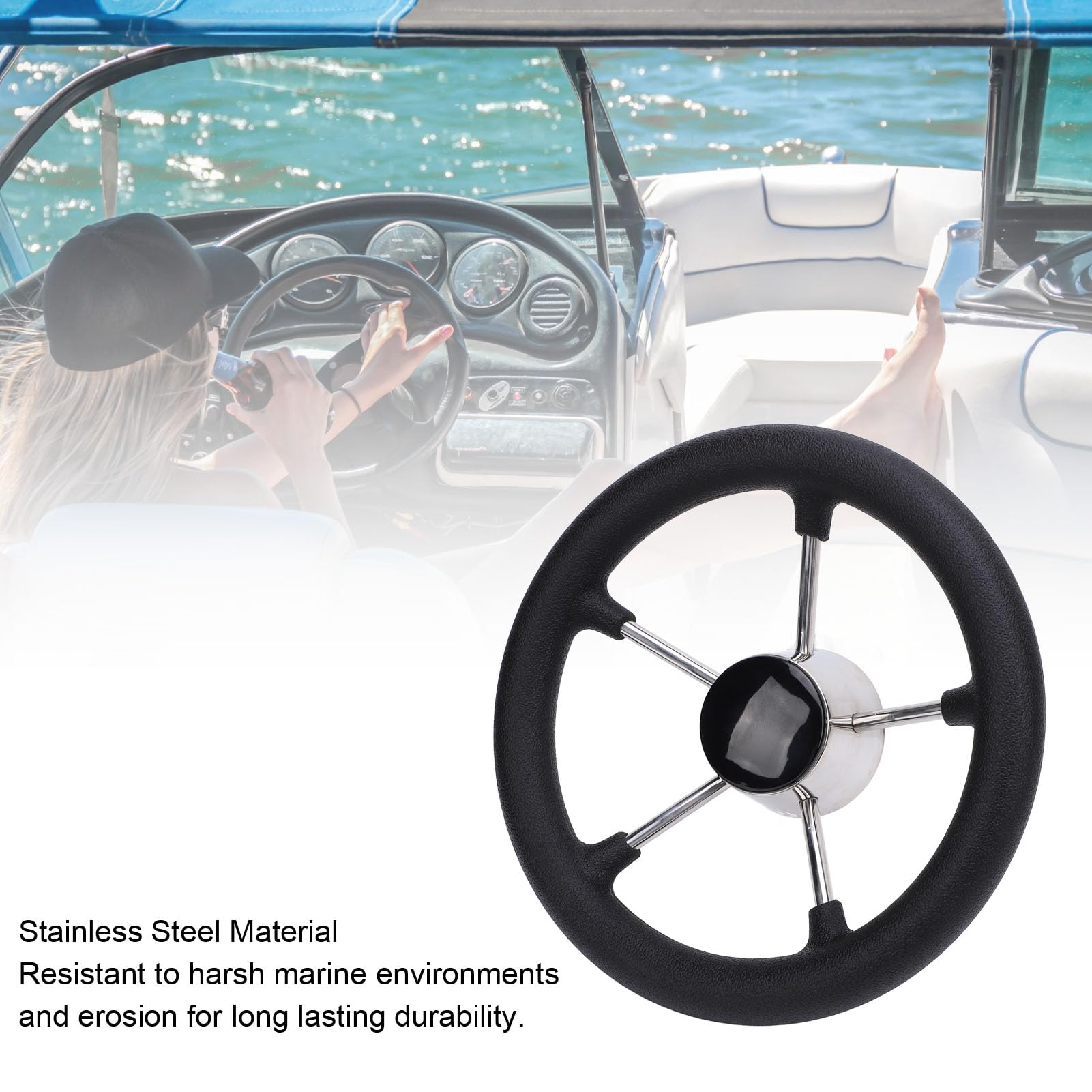 Volante de Dirección Marina de Acero Inoxidable de 11 - Rueda de Bote de Empuñadura de Espuma de 5 Radios 25 ° con Tapa Central, Se Adapta a un Eje Cónico de 3/4 para