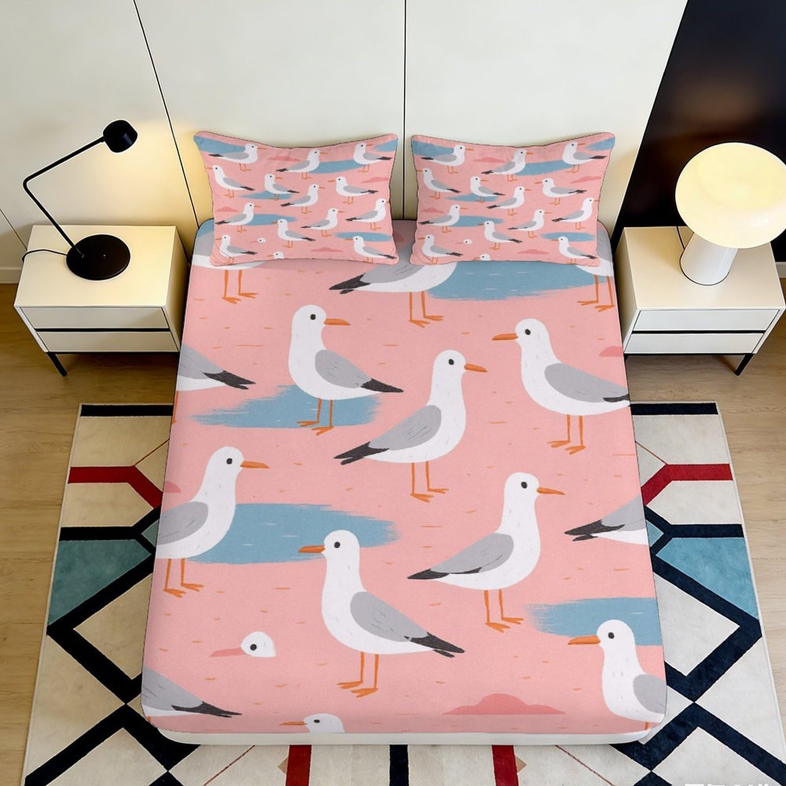 Pnayamiorkfel Style-7 3D Printed Seagull Illustration Fitted Sheet Microfiber Soft Pink Coastal Bed Cover For Bedroom Decor Dorm Mattress Protection 90X200x25cm