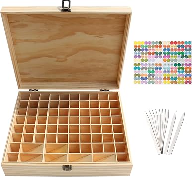 Pure Vie 74-Slot Wooden Essential Oil Storage Box with Container Cap Label