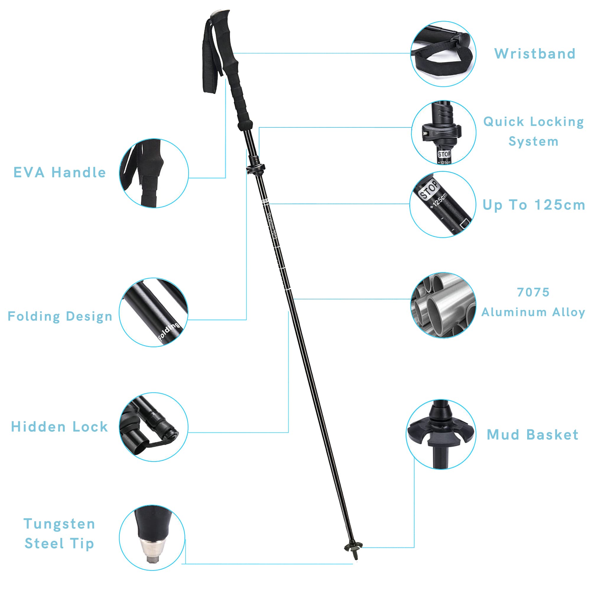 Trekkingstöcke aus 7075 Aluminium, zusammenklappbare Nordic-Walking-Stöcke mit Schnellverschlusssystem zum Wandern und Trekking (2 Stück)