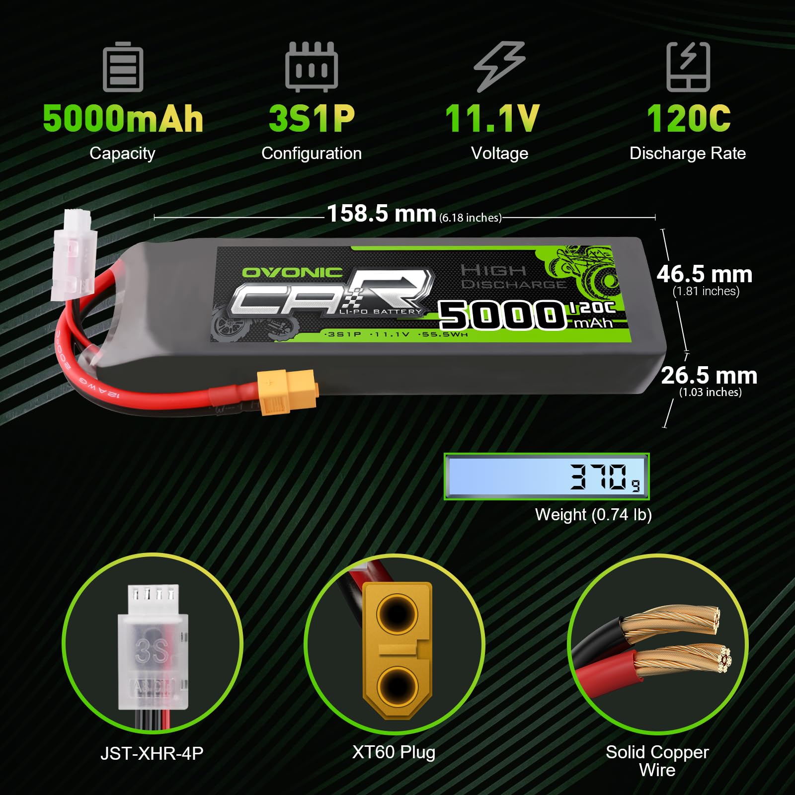 OVONIC 3s Lipo Batterij 5000mAh 50C 11.1V met XT60-connector Compatibel met RC-vliegtuig RC-helikopter RC-auto RC-boothobby (extra een TRX-connector