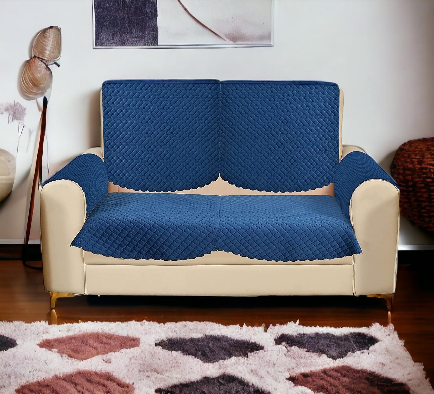 STARNSTYLE Velvet Self Design Quilted Sofa Chair Cover 2 Seater + Arm Cover Blue-image-12