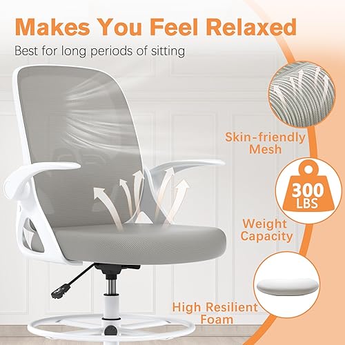 Miniatura 6 de Silla de dibujo alta con soporte lumbar y anillo para reposapiés, silla de escritorio ergonómica de altura extendida para trabajo en casa, silla de