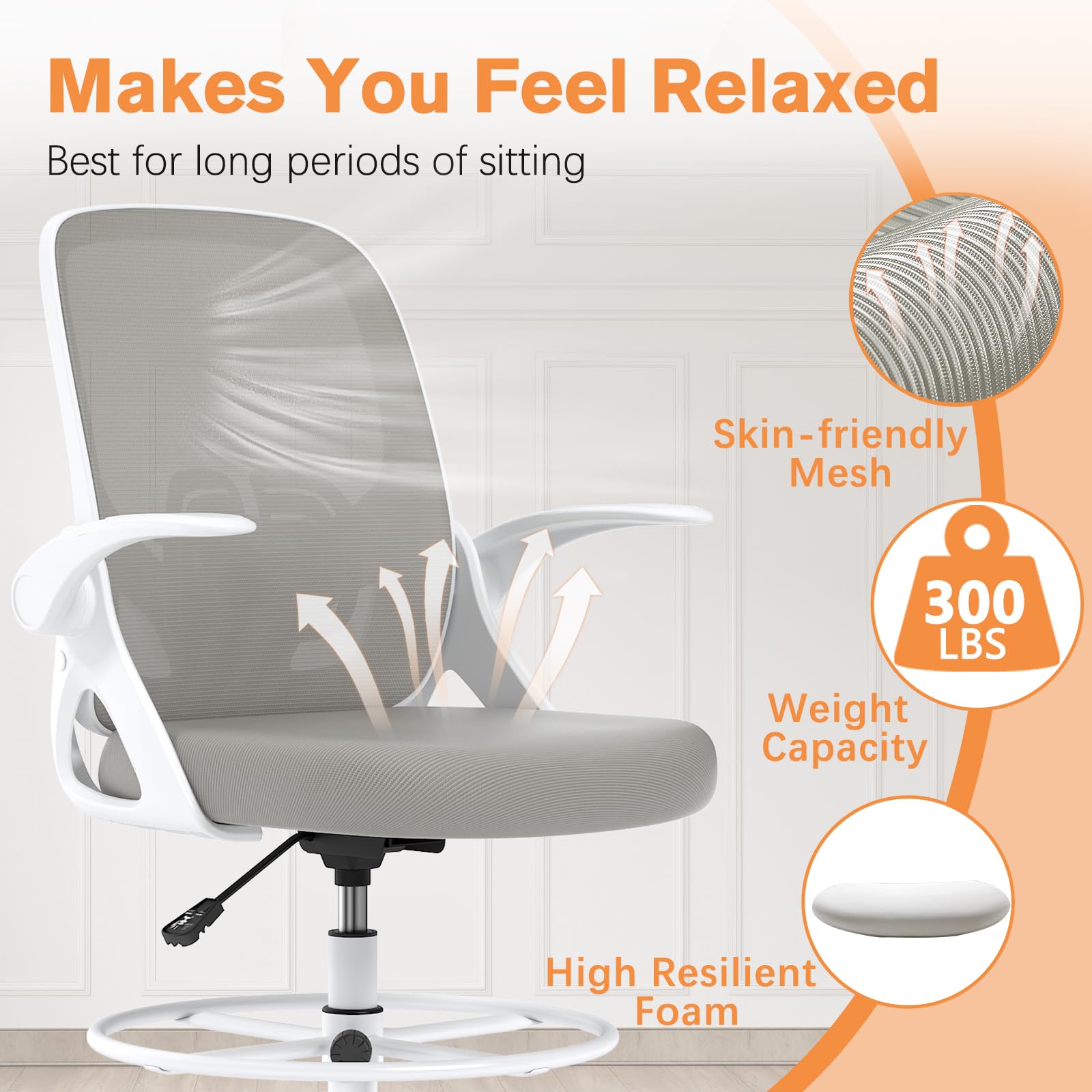 Silla de dibujo alta con soporte lumbar y anillo para reposapiés, silla de escritorio ergonómica de altura extendida para trabajo en casa, silla de oficina de malla transpirable con brazos 5