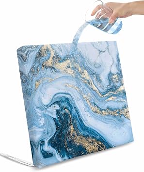 2 Pack Chair Cushion Covers Removable, Blue Gold Marble Outdoor Waterproof Seat Cushion Slipcovers, Vintage Abstract Geometric Gradient Sofa Couch Seat Cover Furniture Protector, 20"x18"