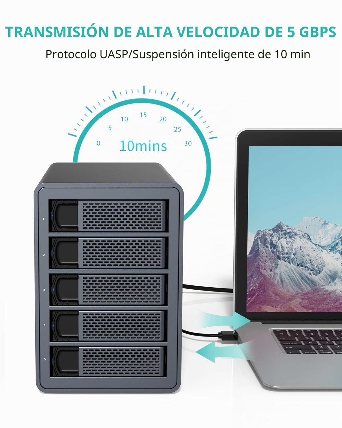 Yottamaster 5 Bahía Carcasa Disco Duro Raid, Aluminio Caja para 2.5"/3.5" SATA HDD/SSD, USB Type B 3.0 5Gbps Externo Carcasa Soporta 5 x 24TB Raid 0/1/3/5/10/JBOD/PM, Ventilador de 80mm
