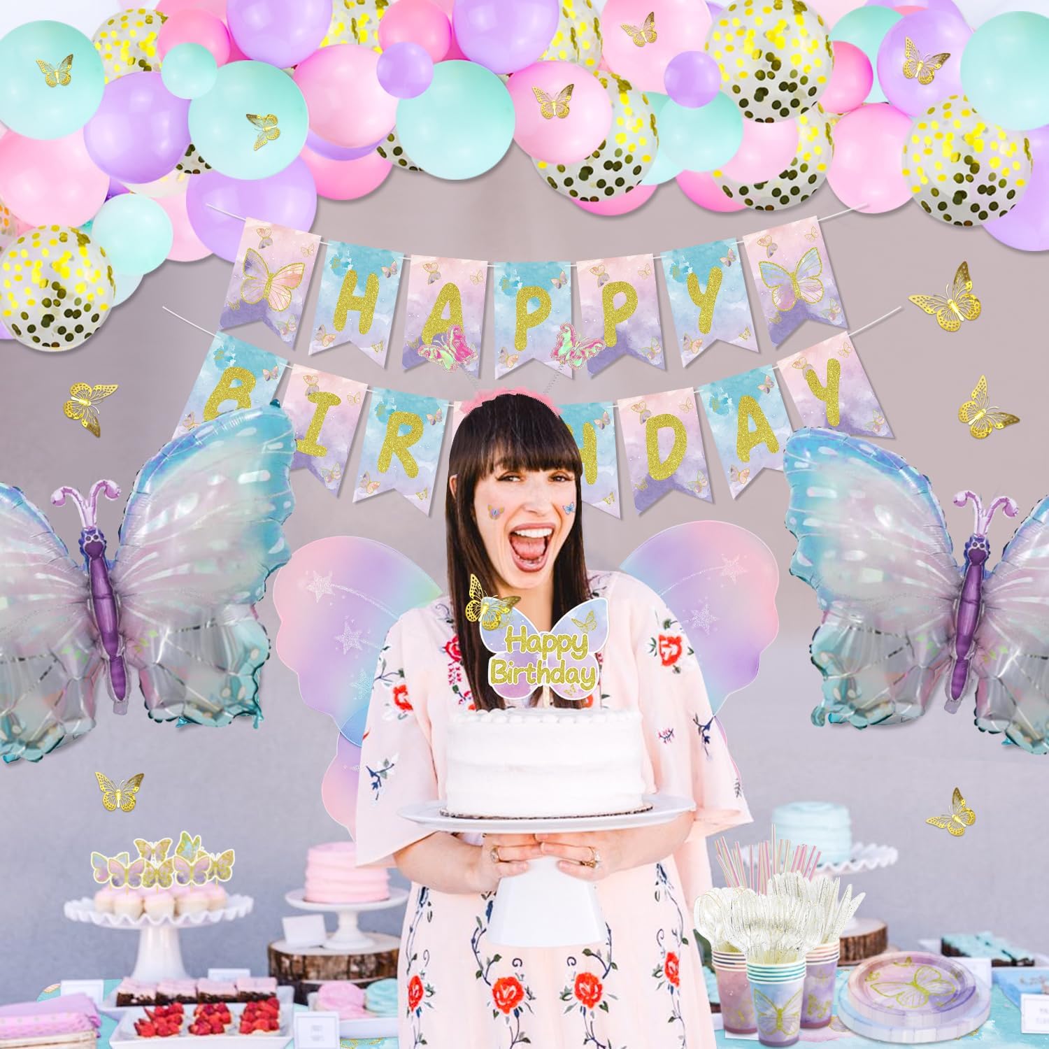 254 Pcs Party Decorations - Including Plates, Tablecloth, Balloons, Banner, Cups, Butterfly Wing Set for Birthday, Fairy Party Supplies
