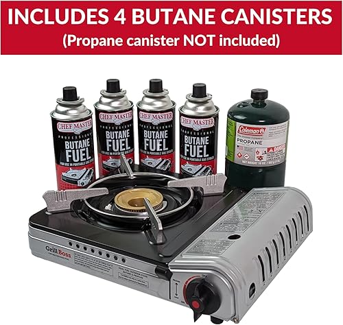 Miniatura 2 de Grill Boss 90057 - Estufa de campamento de combustible doble, incluye 4 latas de combustible de butano de 8 onzas, la estufa funciona con butano y