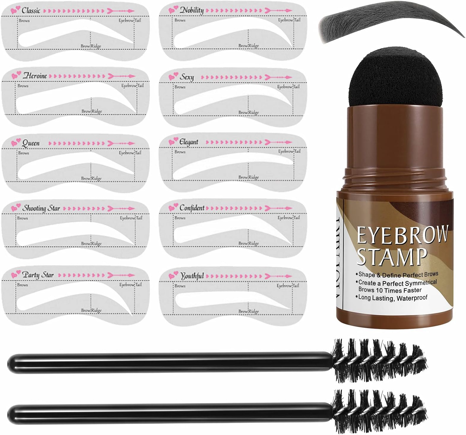 Eyebrow Stamp and 10 Styles Reusable Eyebrow Stencils kit, Perfect Brow Stamp Shaping Kit Eyebrow Definer, Eyebrow Pen Brush and Eyebrow Trimmer Buildable Brow Stencil Makeup Tools (Black)