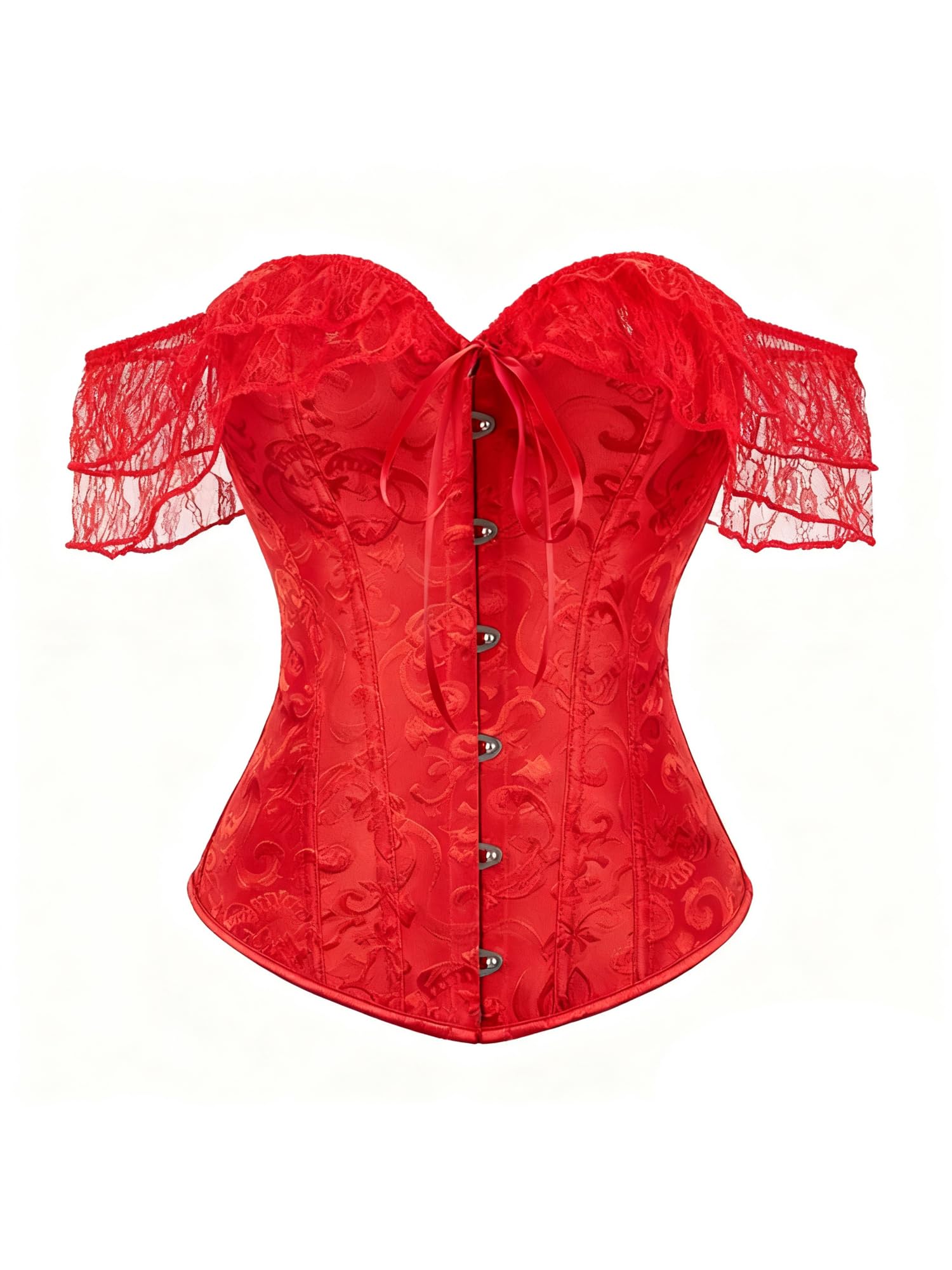 Felcia Women's Floral Lace Corset Stylish Off Shoulder Lace Up Boned Overbust Bustier Body Shaper Top Waist Trainer Costume (A-Red, S)