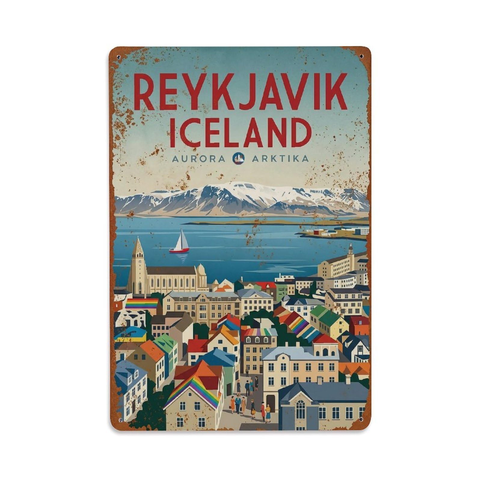 Fyrn Style Metal Tin Sign Vintage Travel Reykjavik Iceland Cityscape