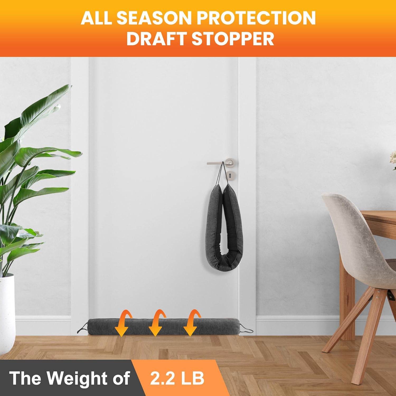 ドア下ドラフトストッパー、36インチ加重ドアドラフトストッパー、フックループ付きドア下部に取り付けと保管が簡単、最大4.3インチのド