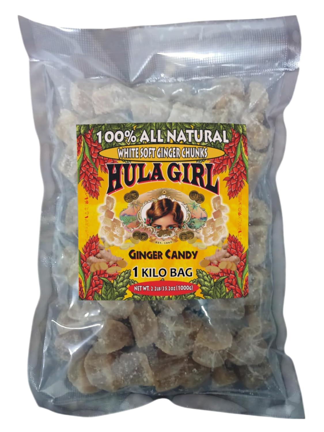 Hula Girl Crystalized Soft Ginger Candy (White Chunk 35.2oz / 2.2lb (1kg bag)