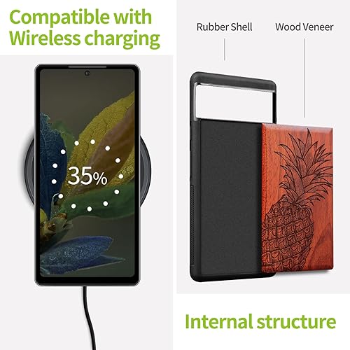 Miniatura 5 de Carveit Funda de madera para Pixel 6a 2022 madera natural y TPU suave negro a prueba de golpes, funda de madera única y elegante compatible con