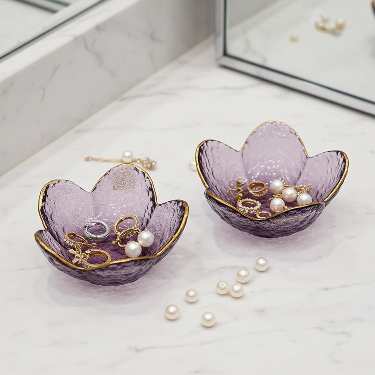 Purple Flower Ring Dish Jewelry Tray, Small Glass Trinket Tray for Rings Earrings, Present for Wife Mom Daughter Women