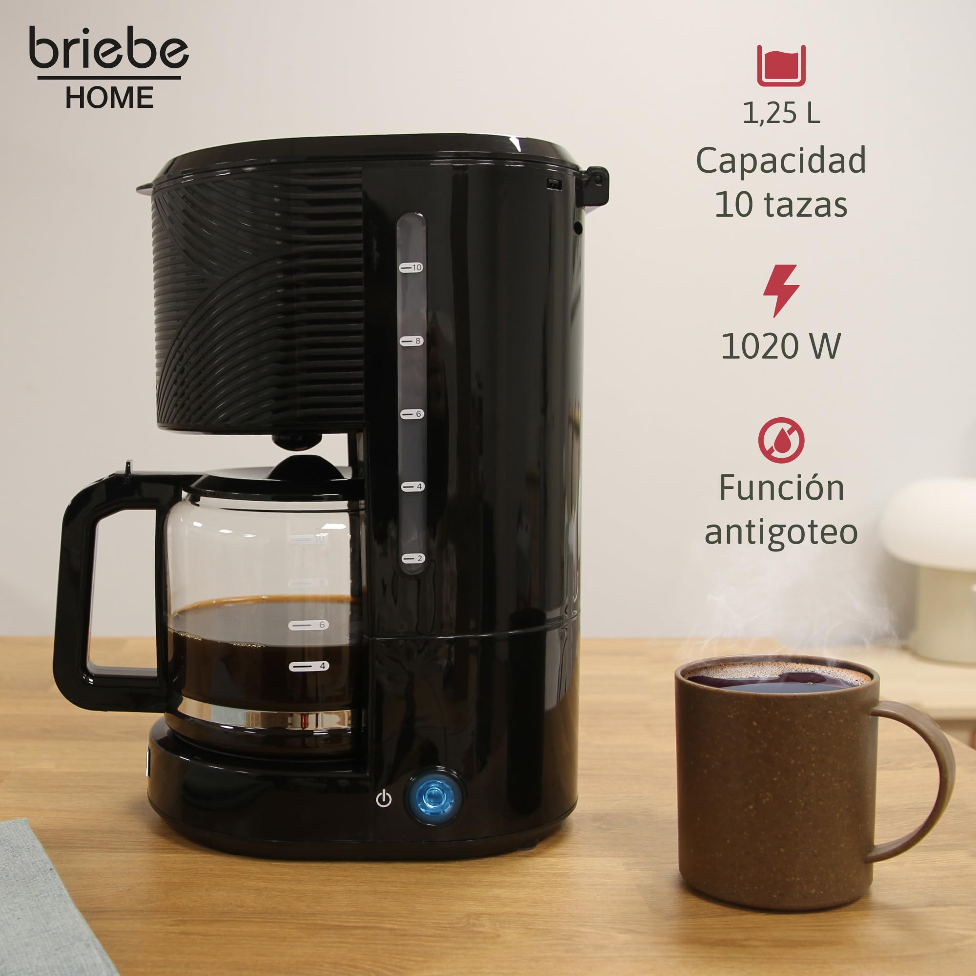 briebe Elegance Set Cafetera Goteo 10 Tazas + Espumador de Leche Eléctrico, Máquina de Café Filtro 1,25L, Milk Frother 4 en 1 Espuma Fría/Caliente, Libre de BPA, Negro